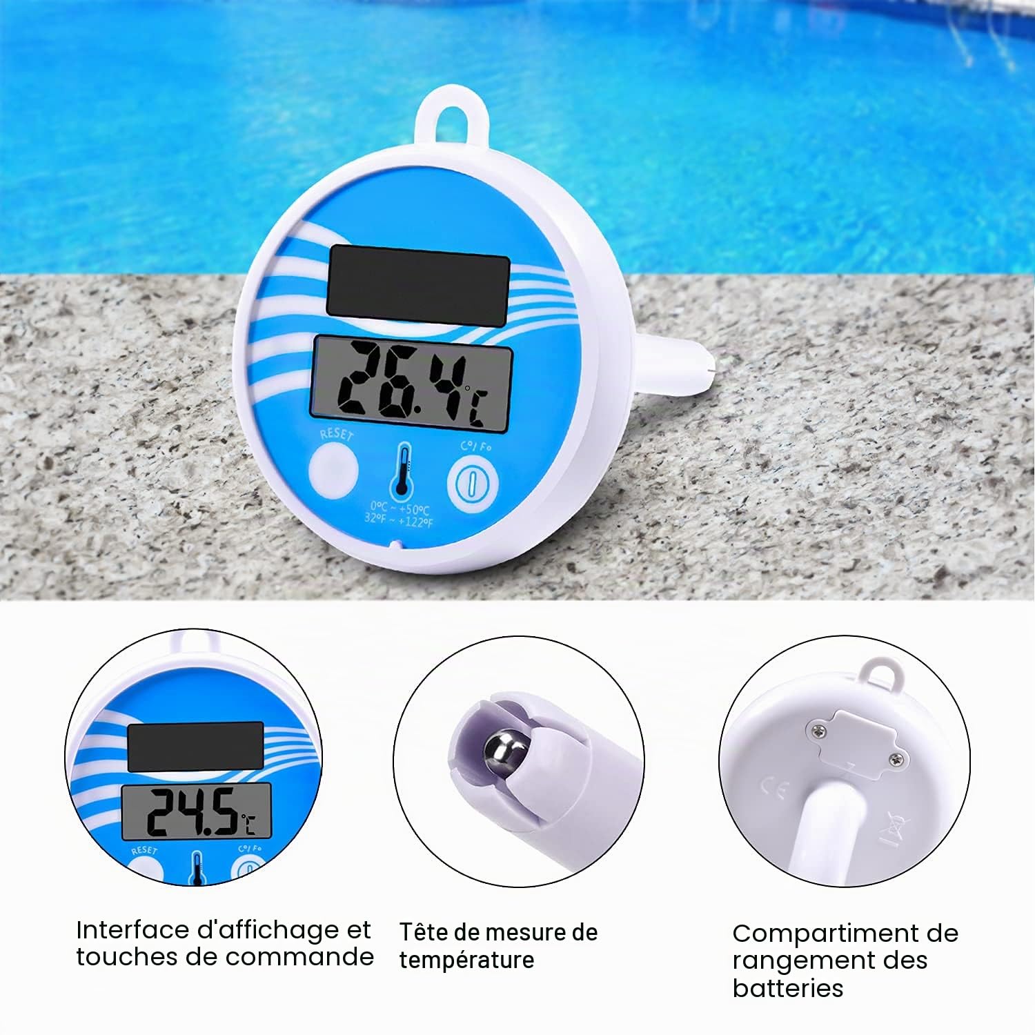 Thermometre Piscine, Thermomètre de Piscine Solaire Numérique avec Grand écran LCD Facile à lire, Thermomètre Flottant Pour Piscines Extérieures et Intérieures et étangs