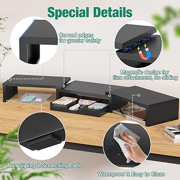 OPNICE Desk Organizer, Dual Computer Monitor Stand Riser with Drawer, Office Desk Accessories & Workspace Organizers, Black