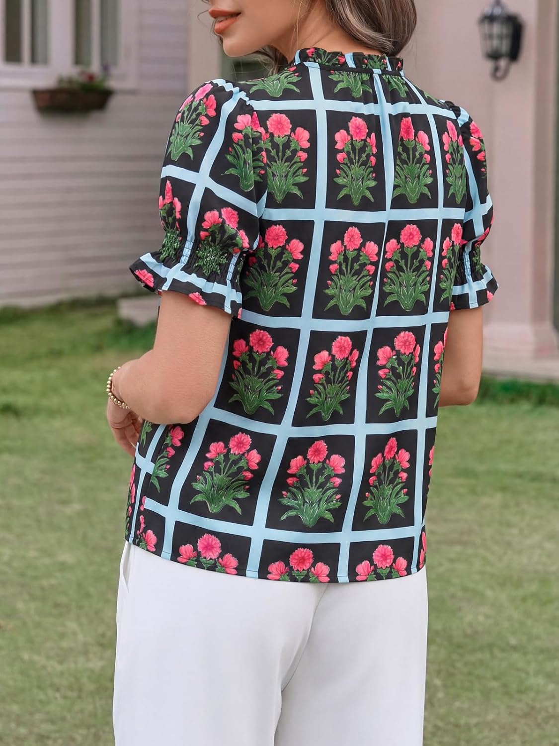 Tankaneo Womens Floral Puff Short Sleeve Blouses Dressy Casual Ruffle V Neck Tops Summer Loose Fit Boho Shirts - Image 5