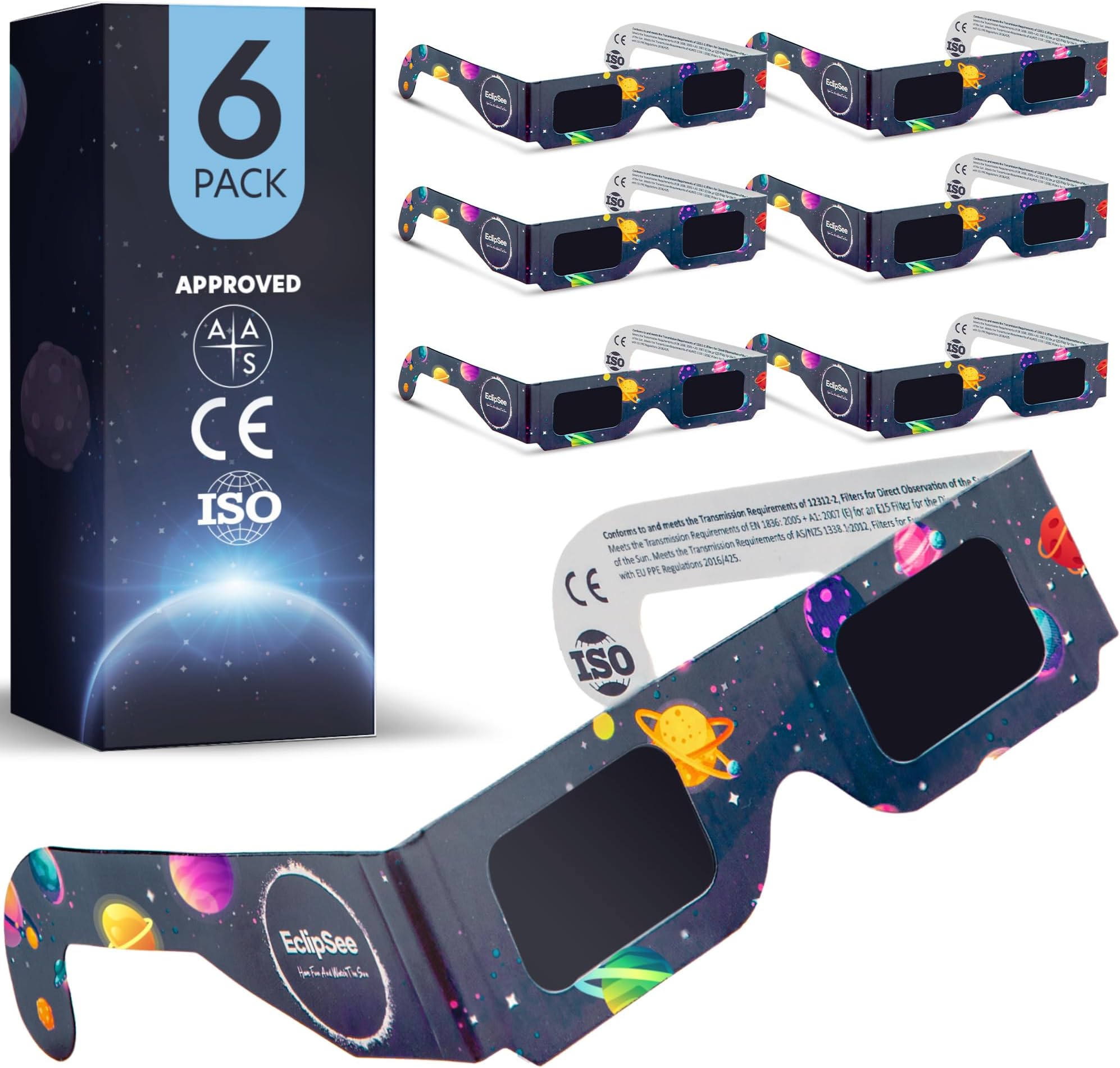 Eclipsee Solar Eclipse Glasses (6 pack) CE and ISO Certified Safe Shades for Direct Sun Viewing 2024 Approved