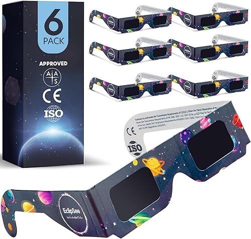 Eclipsee Gafas de eclipse solar (paquete de 6) con certificación CE e ISO para visión solar directa aprobadas en 2024