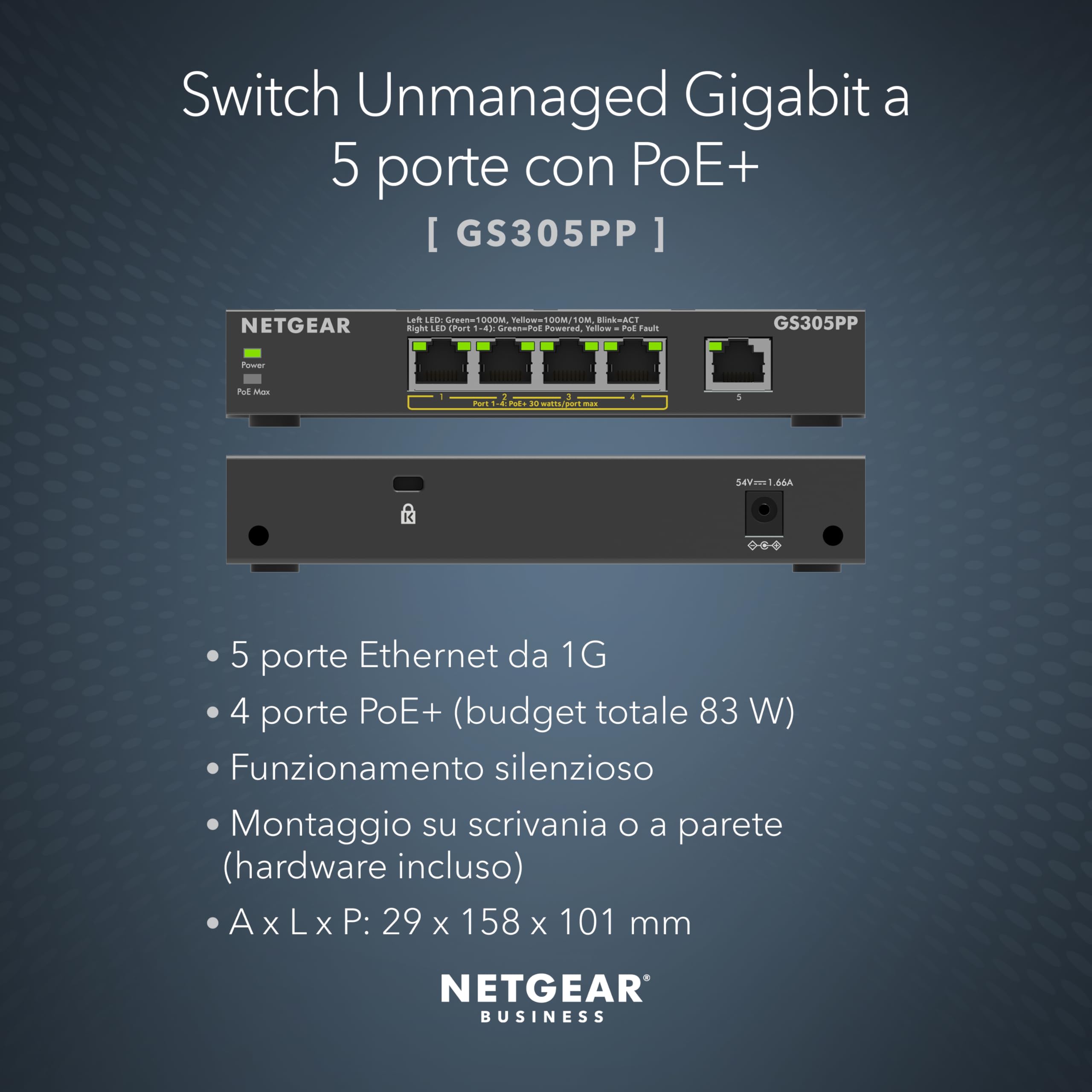 NETGEAR Switch Ethernet Unmanaged (GS305PP) Switch Gigabit a 5 porte con 4 x PoE+ @ 83W, montaggio a parete o desktop