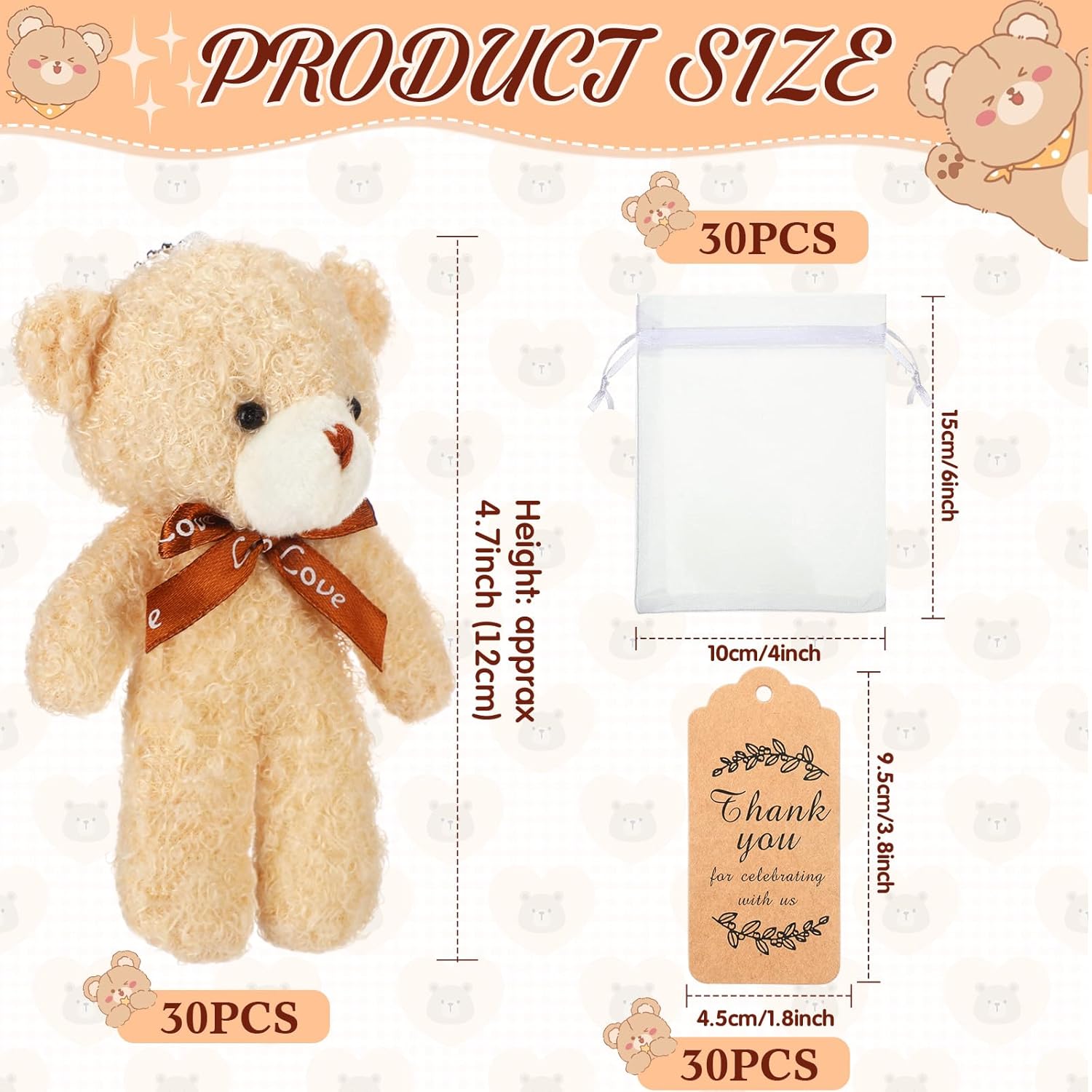 Lenwen 90 Pcs Bears Party Favors Mini Pocket Bear Bulk Tiny Stuffed Bear Baby Shower Decor 4.7 Inch Plush Animal Keychains Doll White Organza Bag Thank You Tag for Wedding Gifts Memorial Souvenirs