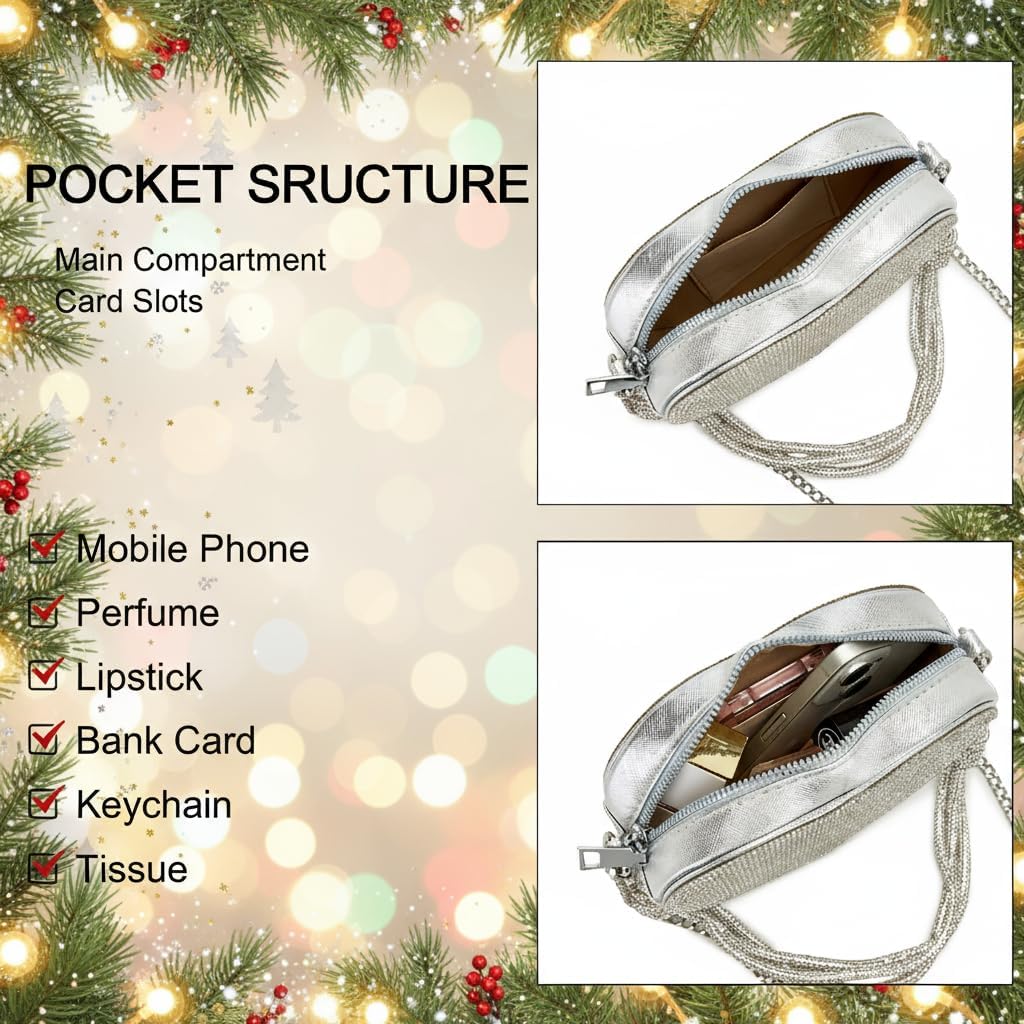 Evening Bag for Women, Silver Purse Heart Shaped Purse Crossbody Bags Shoulder Handbag for Formal - Image 3