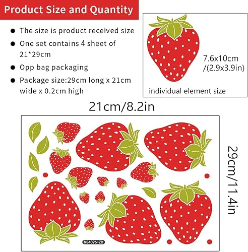 Miniatura 2 de 4 hojas de 92 piezas de calcomanías de pared de fresas de frutas frescas, calcomanías de pared para despegar y pegar, papel tapiz de pared de hojas