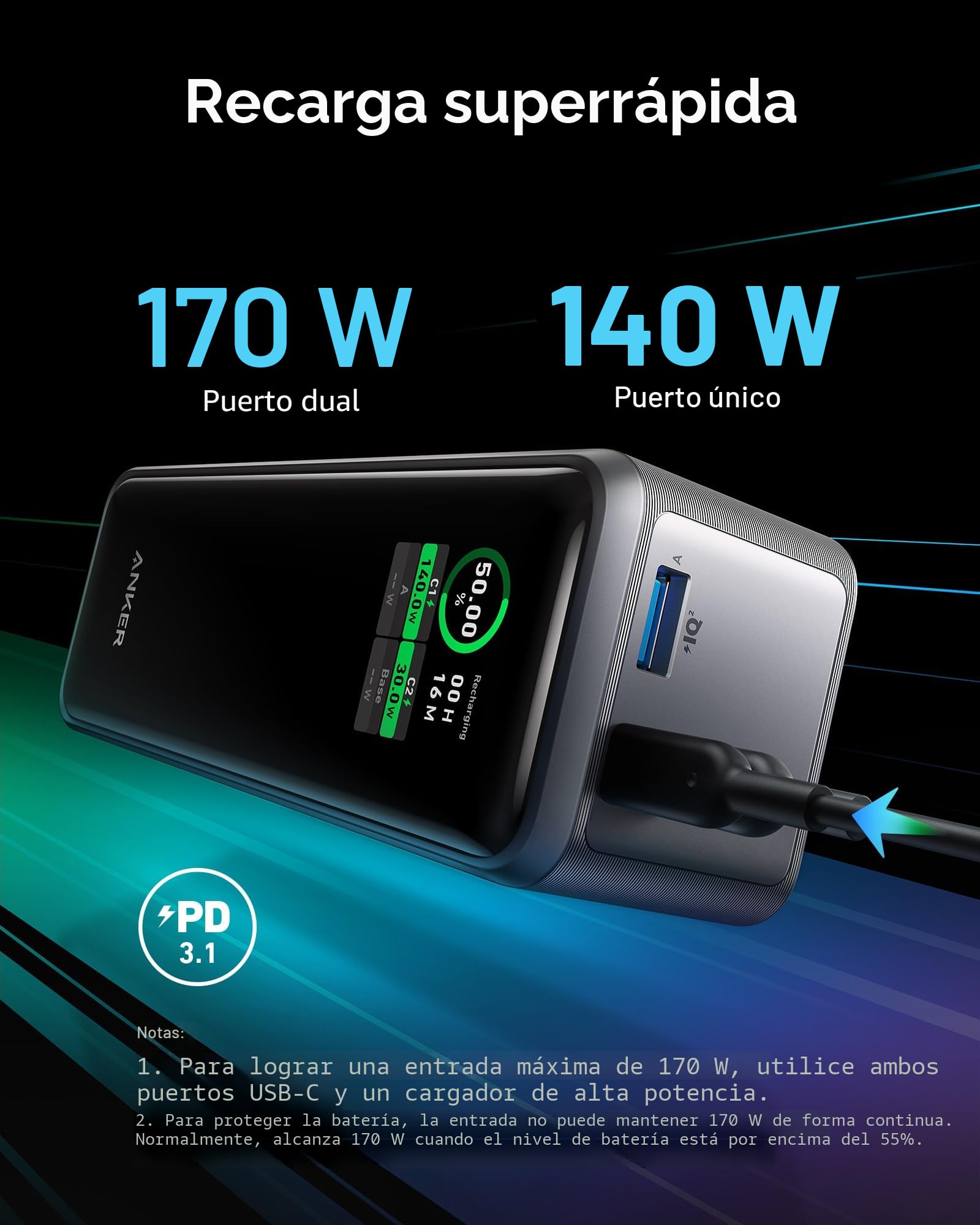 Amazon.com: Anker Prime Power Bank, cargador portátil de 27,650