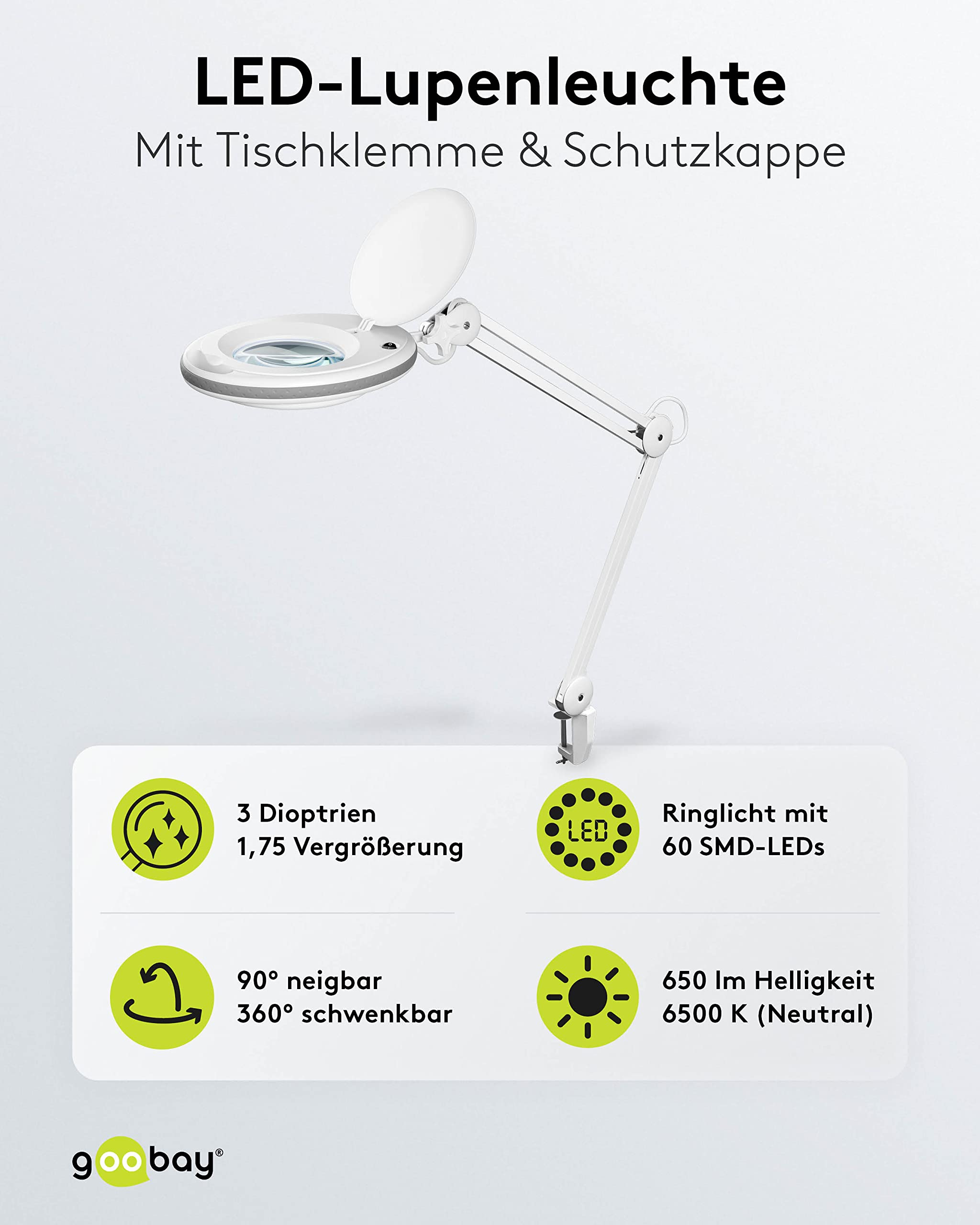 goobay Lampa z lupą/lampa LED z tworzywa sztucznego/pobór mocy 8 W, temperatura barwowa 6500 K/strumień świetlny 650 lm/napięcie robocze 230 V (AC) 60361, biała