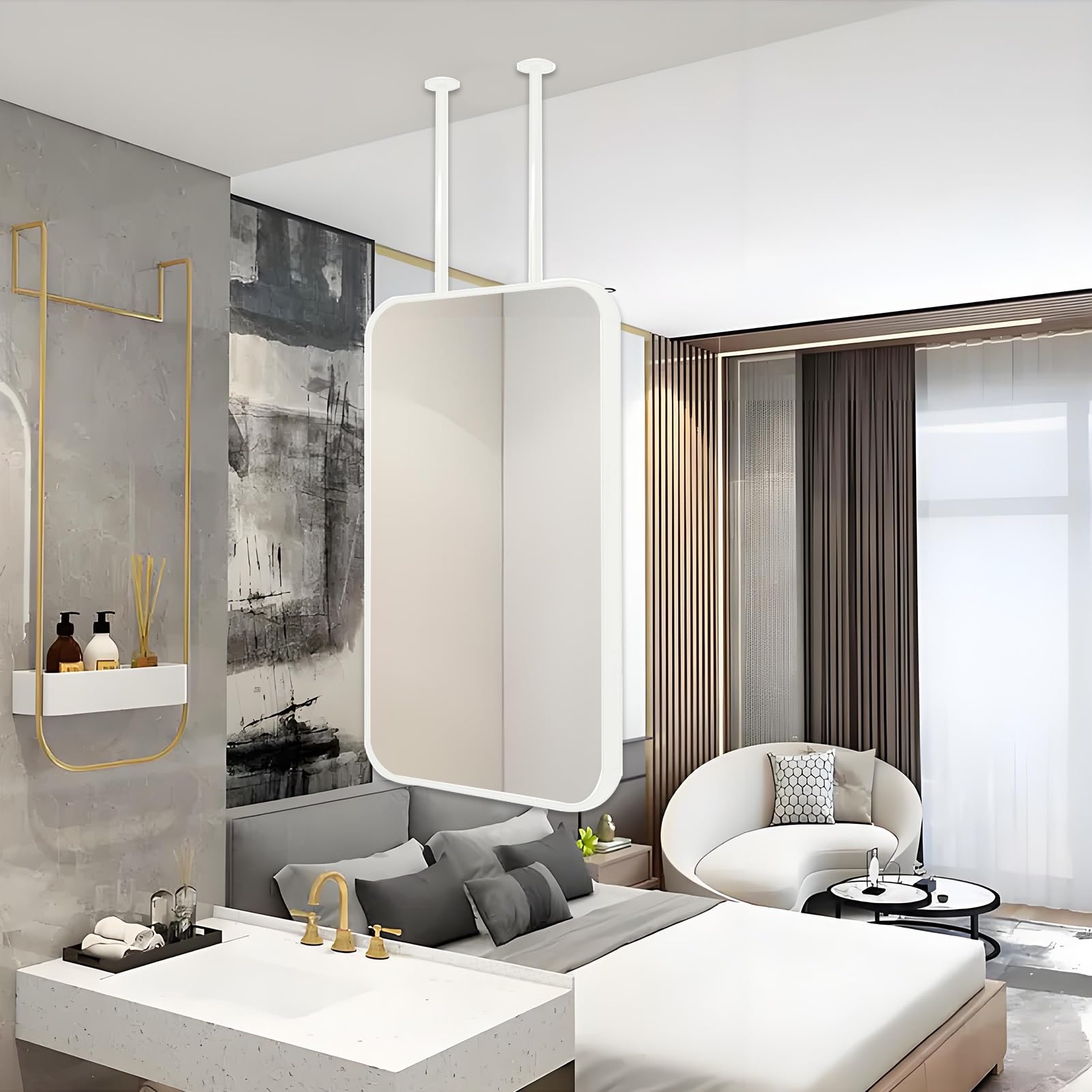 FGXHHS Rectangle Wall Mirror for Vanity Bathroom Ceiling Hanging Metal Boom Mirror, Decorative Suspended Mirrors with White Frame Living Room(40cmx60cm)