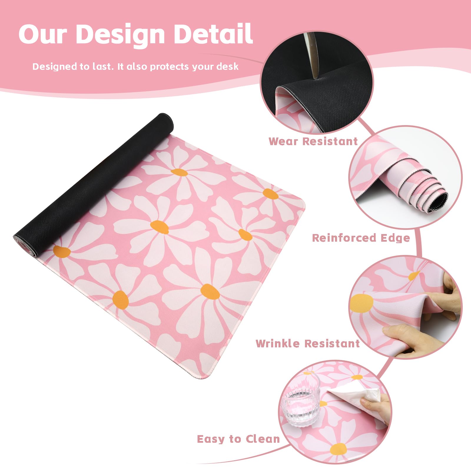 Baziabbo Alfombrilla de escritorio rosa, XXL extendida grande, alfombrilla de mouse para juegos con borde cosido, base de goma antideslizante para teclado para el hogar, oficina, juego de estudio
