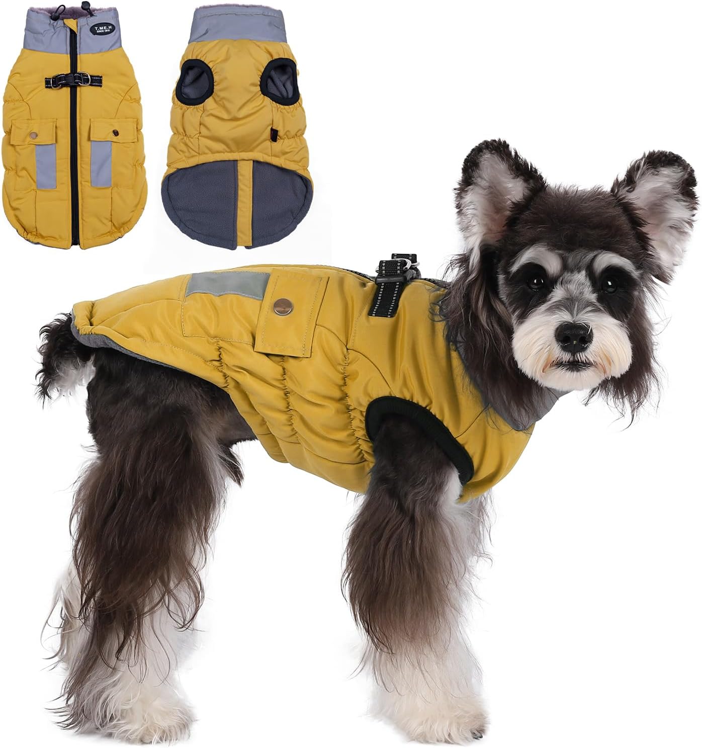 PosecaWinter Dog Jacket - Adjustable Reflective Coat With Pockets and Faux Fur Collar - Waterproof for Small to Large Dogs (X-Small, Yellow)