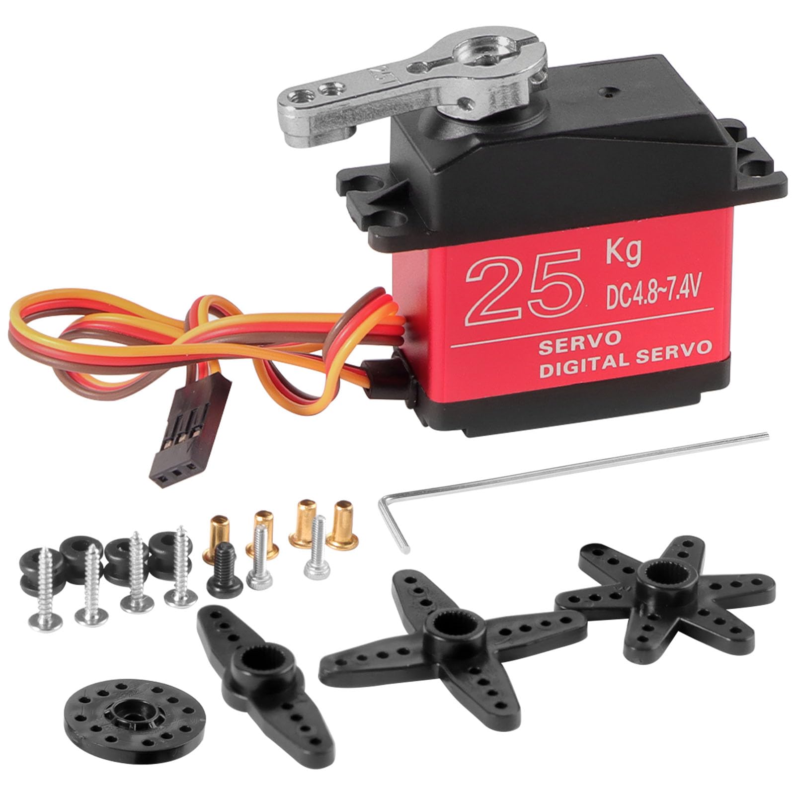 HTTYHT Servo Rc 25 Kg Servomotore 180 Gradi Metallo Gear Servo Motore Digitale High Speed Torque 7.4V DC per Arduino 1/8 1/10 1/12 Servocomando Modellismo Mano Robotica con cavo 25T Horn Servoarm