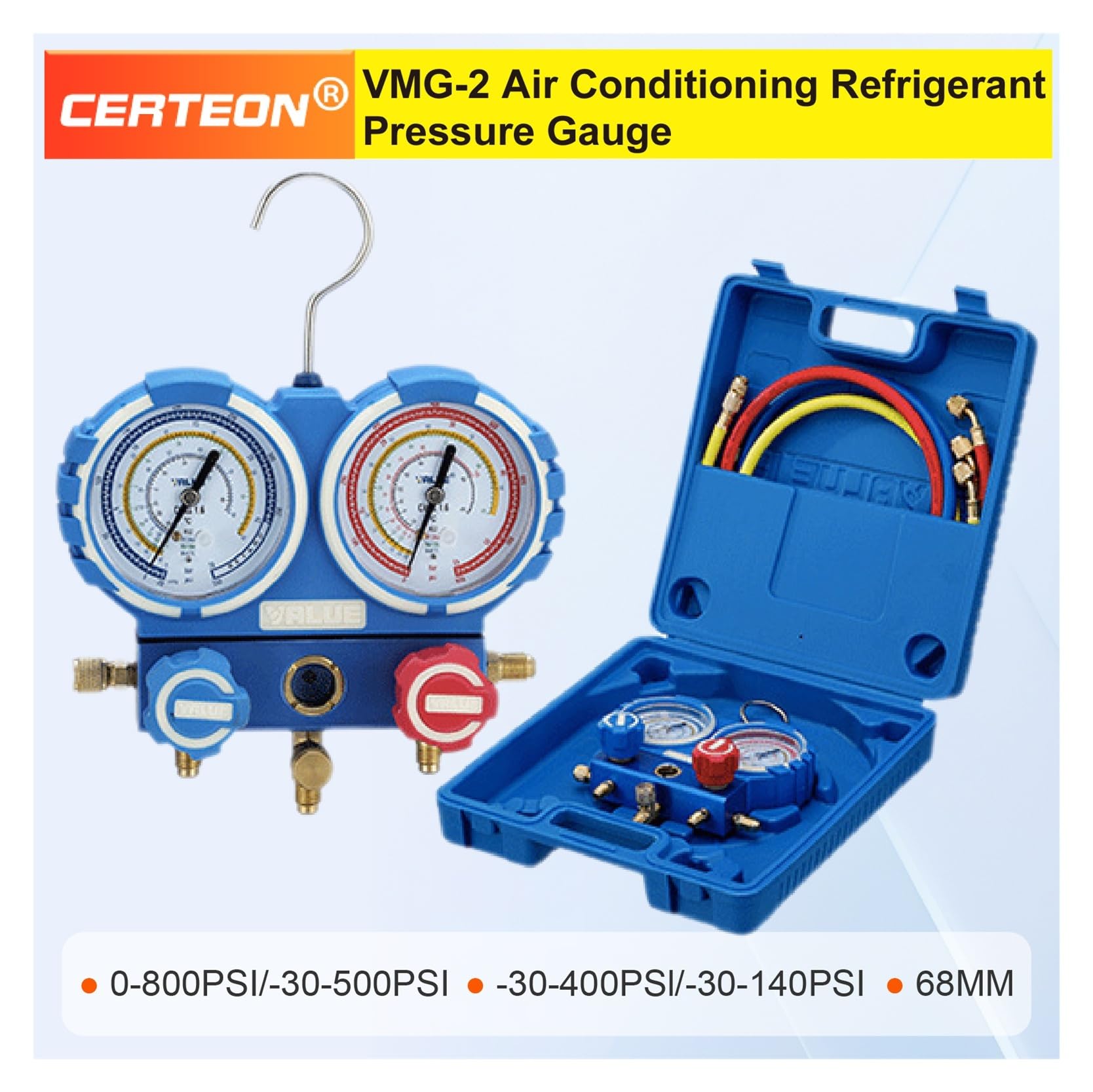 Ensemble de collecteurs à Double jauge VMG-2, Outil réfrigérant AC HVAC R410A R134A R22, Cadran de 68mm, vanne métallique Haute Basse Pression Compatible(R410A-B-Valve)