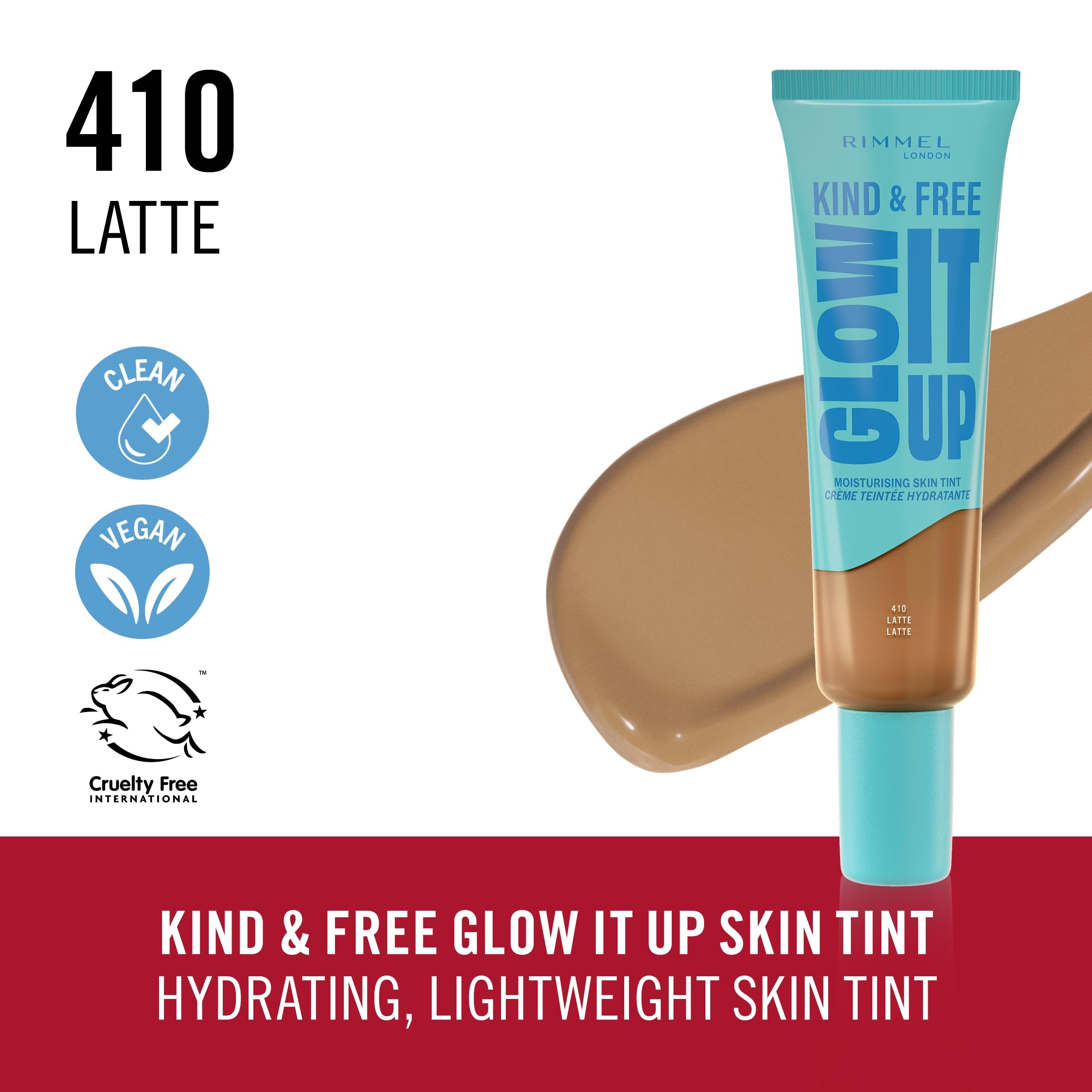 Rimmel Kind & Free, Glow It Up Moisturising Skin Tint, 410, Latte, Healthy Glow, Blurs Imperfections, Includes Vitamin E - Image 2