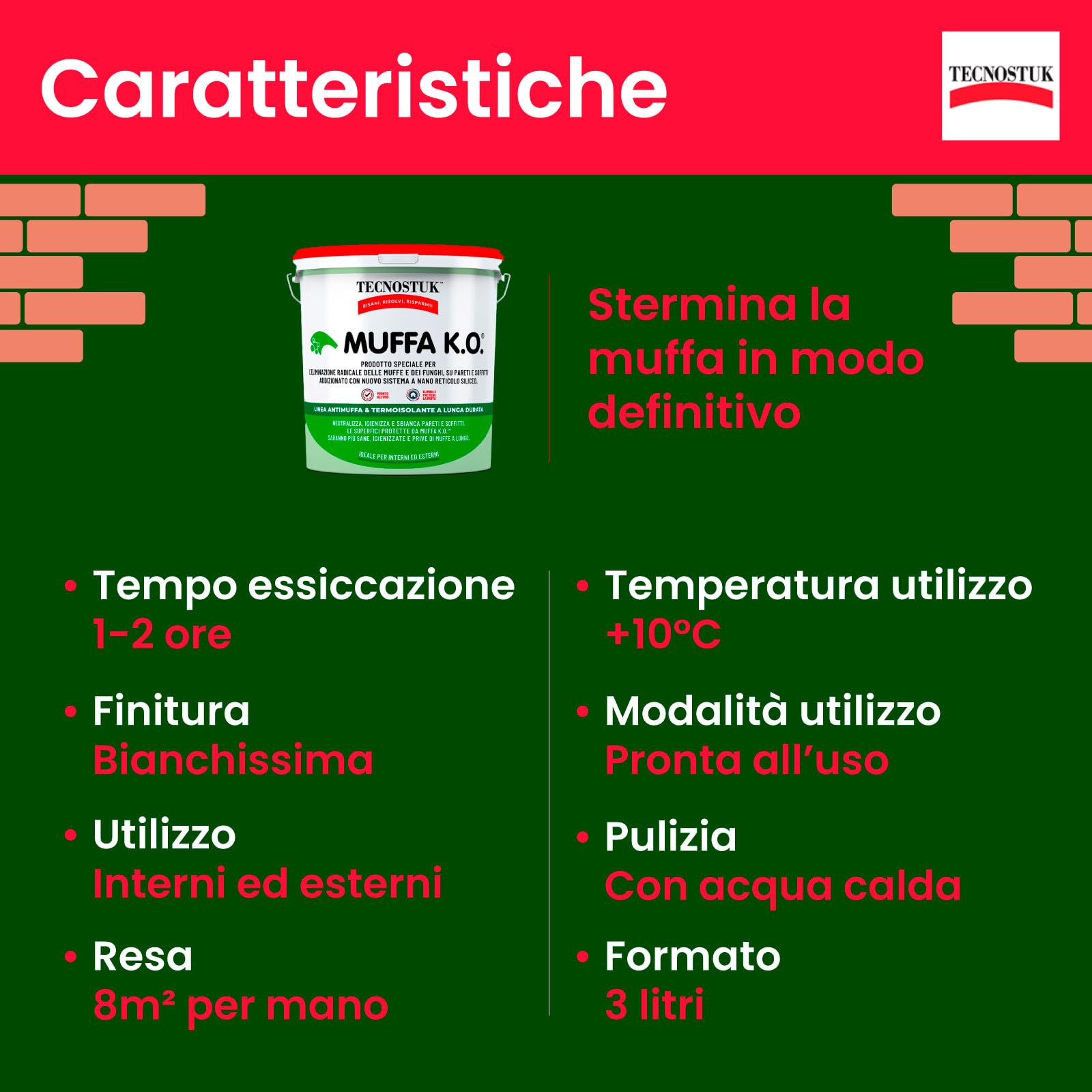 Tecnostuk Muffa KO - Fondo Antimuffa Sbiancante Muri Ecologico e Traspirante 3 lt + Kalorfix Fissativo Isolante Termico per Esterni e Interni Contro Muffa e Batteri 5 lt - Made in Italy