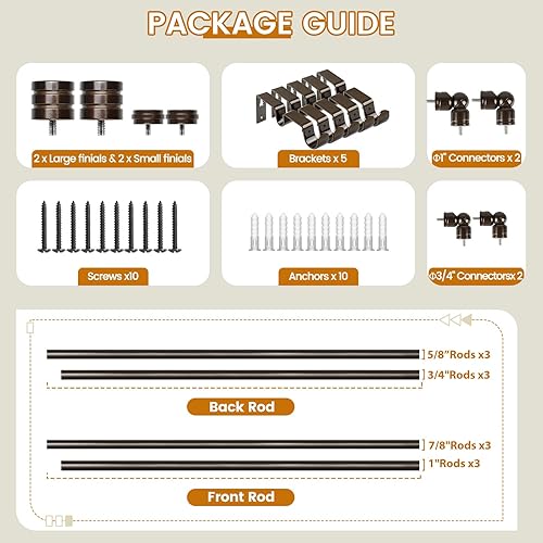 Miniatura 8 de Barras de cortina de doble bahía de 1 pulgada, barra central de 36 a 72 pulgadas para ventana (24 a 68 pulgadas), barras laterales de 20 a 36