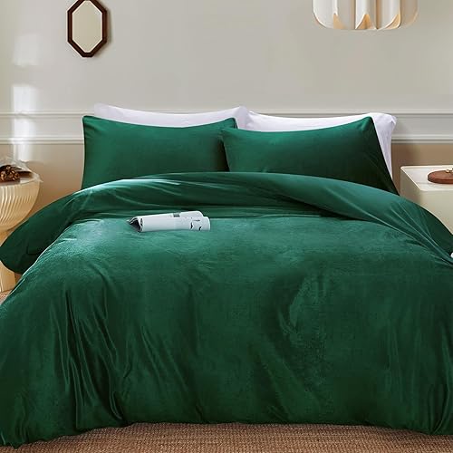 JSD Juego de funda de edredón reversible de microfibra de terciopelo verde esmeralda, tamaño Queen, juego de ropa de cama suave de 3 piezas