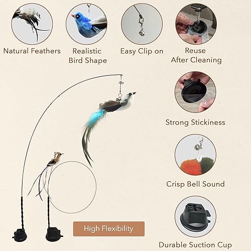 Miniatura 7 de Juego de juguetes interactivos de simulación de plumas para gatos, con ventosa para gatos de interior, plumas naturales, campanas y fácil de