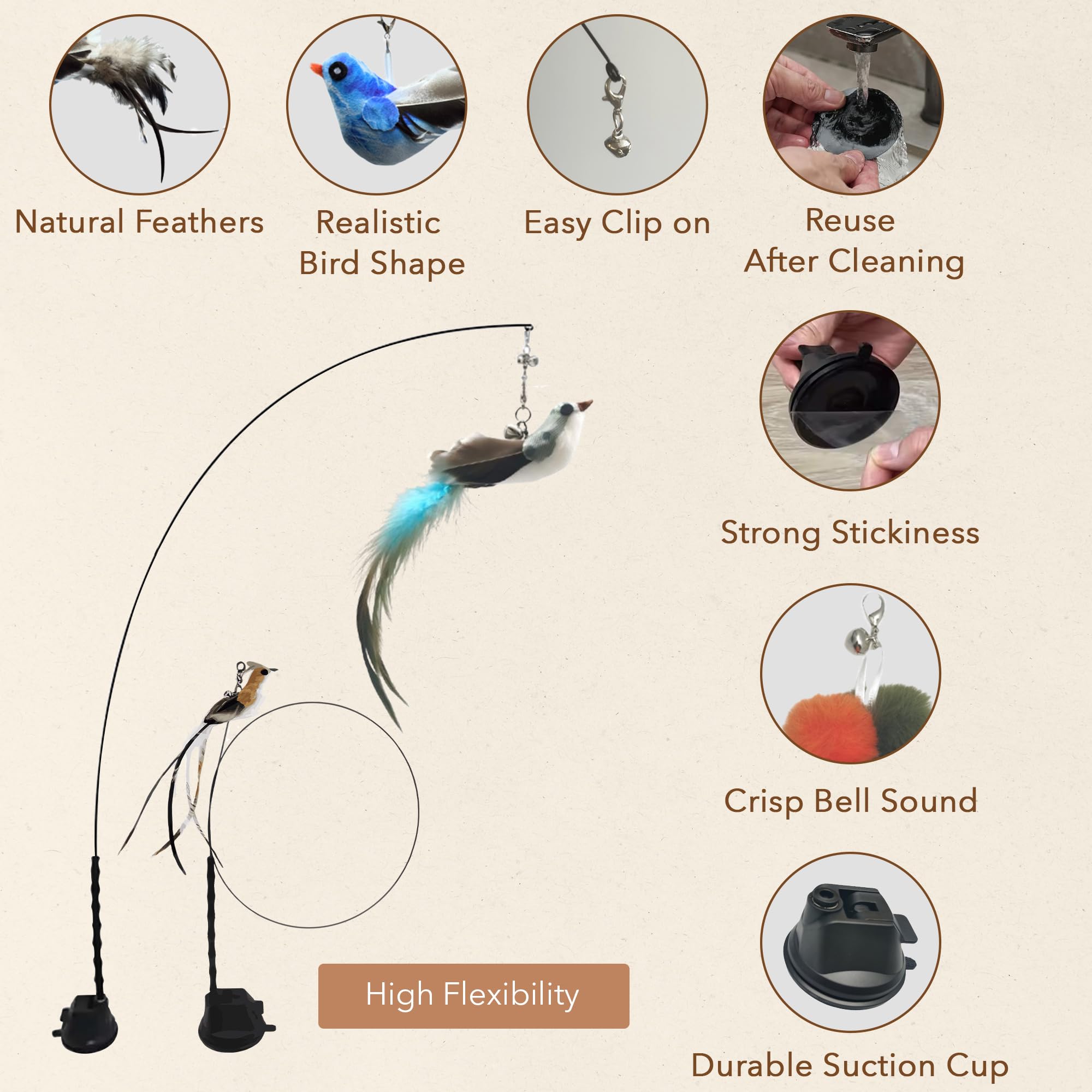 Juego de juguetes interactivos de plumas de gato de simulación de pájaros, juguetes de ventosa para gatos de interior, plumas naturales, campanas y fácil de enganchar, perfecto para