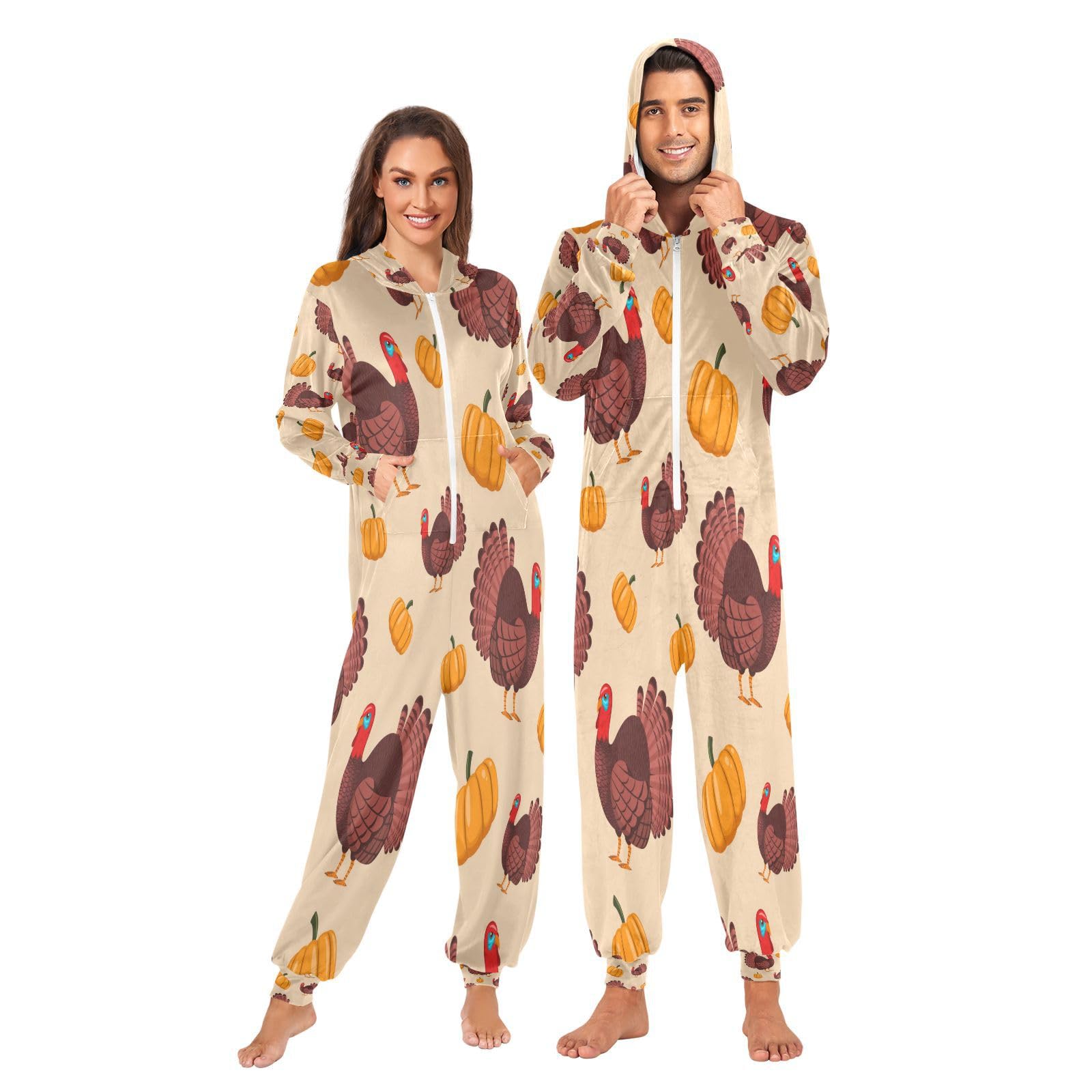 Thanksgiving Turkey Adult Onesie Pajamas, Hooded Jumpsuit for Couples Women Men Holiday Costume Party Wear
