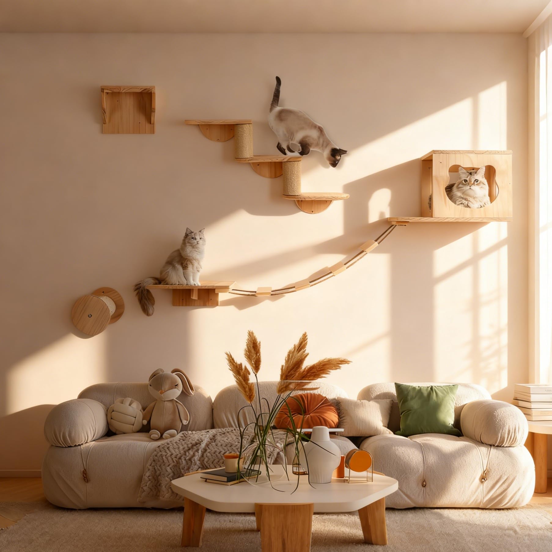 Parco da arrampicata per gatti XXL, 4 pezzi in legno con cuccia per gatti, ponte sospeso, scale e colonna in sisal, mobili da parete per gatti domestici