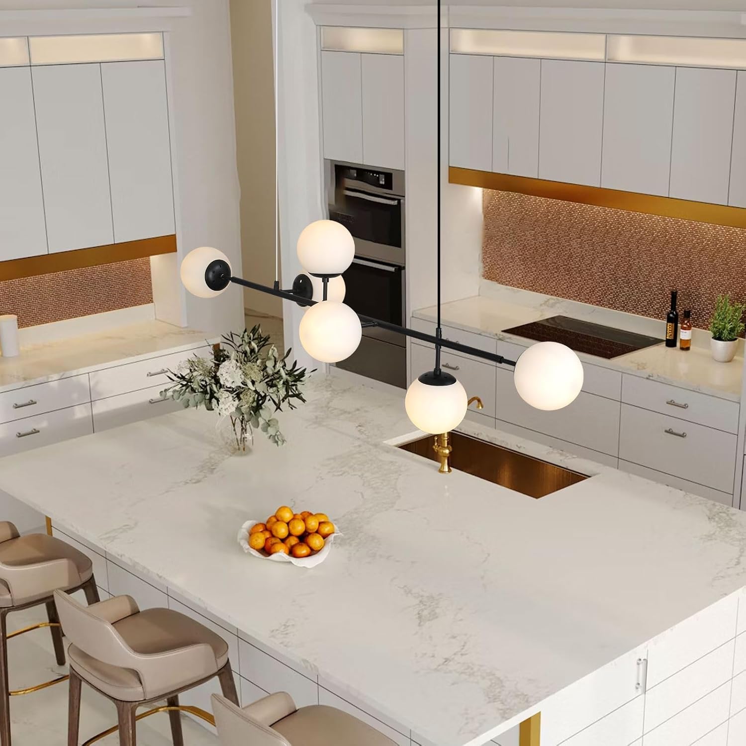 Mid-Century Modern Chandelier 6-Light Black Linear Pendant Light with Globe Glass Shades, Adjustable Height for Dining Room, Kitchen Island, Living Room