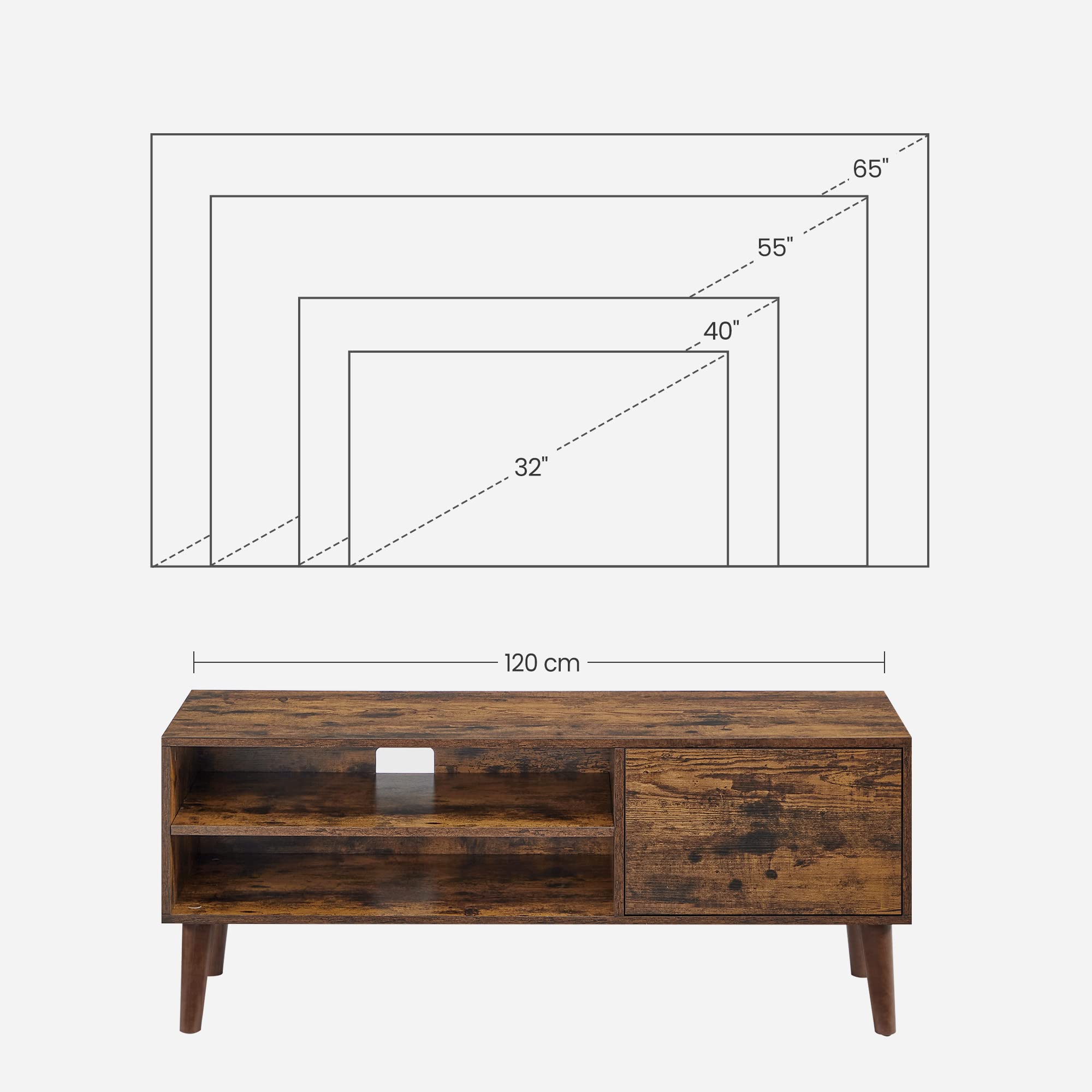 VASAGLE Mueble de TV, Mesa de TV, para televisores de hasta 55 Pulgadas, Largo de 120 cm, Centro de Entretenimiento, de Mediados de Siglo para Salón, Dormitorio, Marrón Rústico LTV120T01