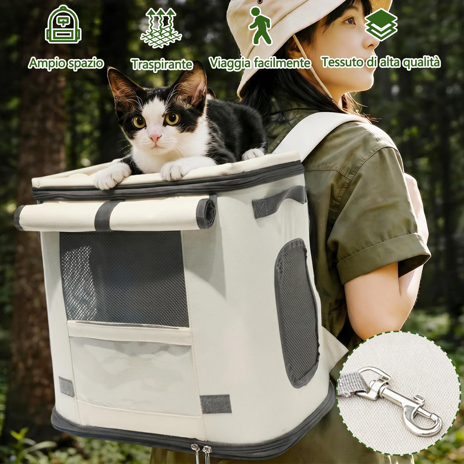 Galatée Zaino Per Animali Domestici, Capiente, Traspirante, Protettivo Per La Colonna Vertebrale e Antistress, Con Tendina Arrotolabile Per Prevenire Lo Stress, Pieghevole e Reversibile (Beige)