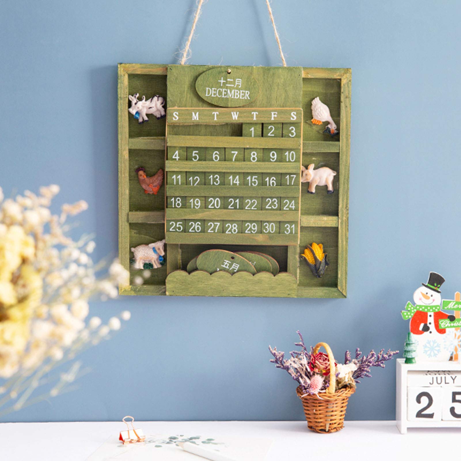 2021 Wooden Calendar Vintage Retro Perpetual Wall Mounted Calendar Christmas Advent Carry Resin Ornaments&Hanging Ring Suitable for Business Occasions Living Room Offices