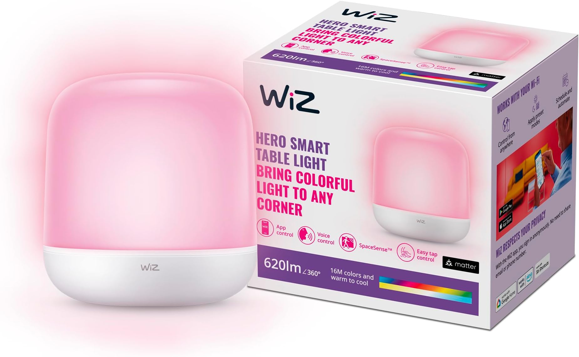 WiZSmart LED Hero Colour Portable Table Lamp [UK Plug], Connected WiFi Works with Alexa, Google Assistant & HomeKit, App Control for Livingroom, Bedroom, Dining Room, Energy Monitoring
