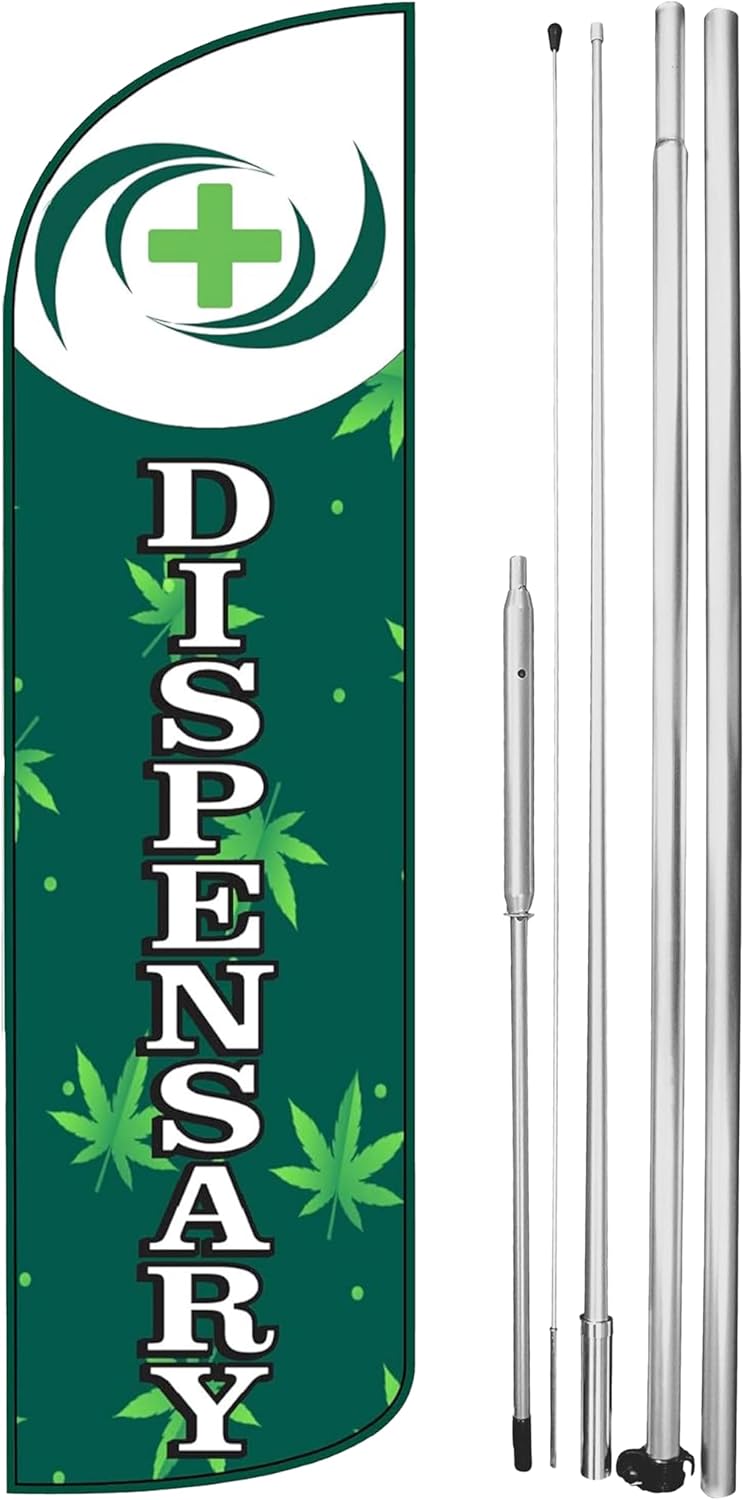 OnPoint Wares Dispensary King Sized Flag with Complete Hybrid Pole Set – 3 ft x 11.5 ft Outdoor Advertising Banner | Heavy Duty Weatherproof Polyester Business Flag Sign (Updated Design)