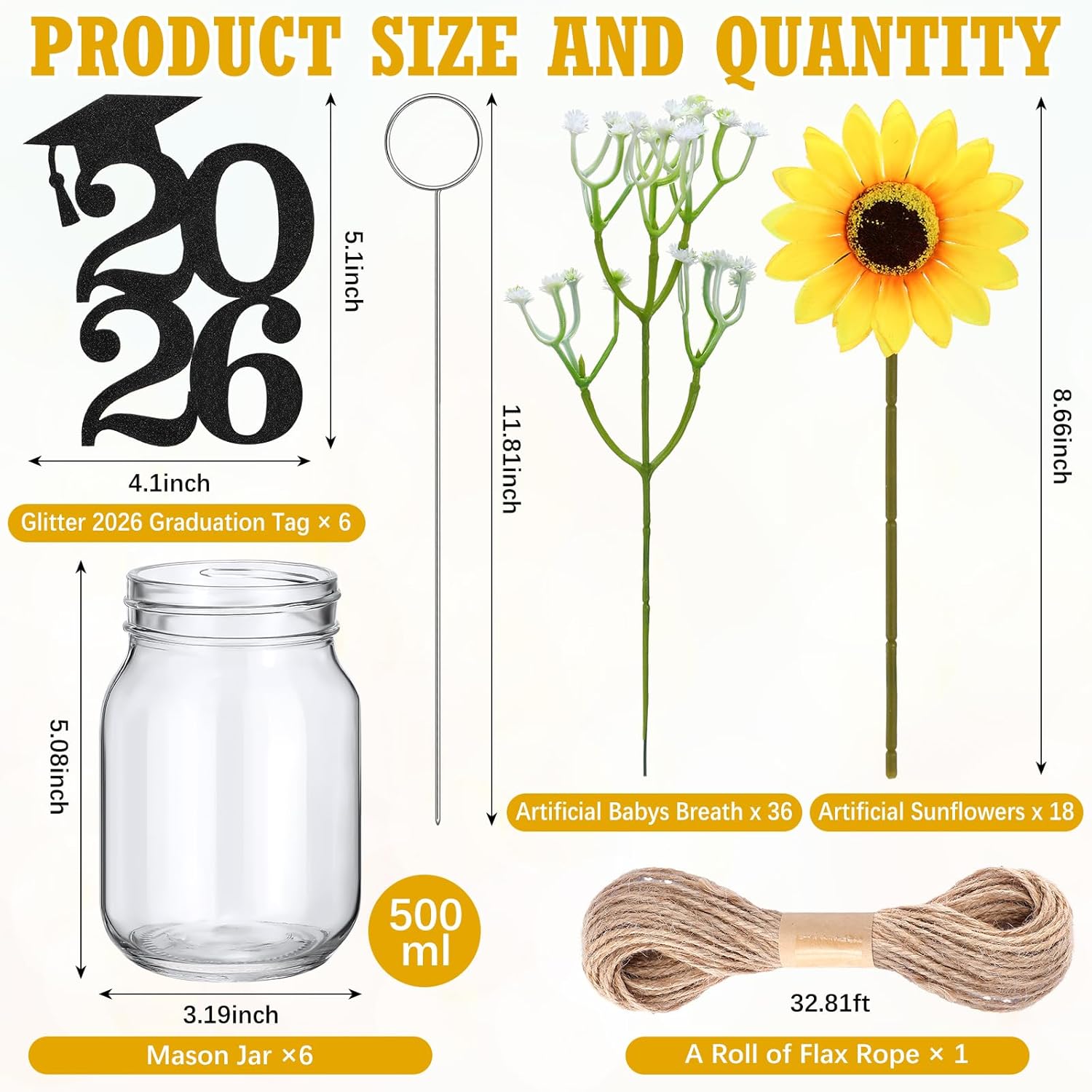 Hushee 6 Sets 2026 Graduation Table Centerpieces Sunflower Mason Jars with Glitter Cutouts Tags Floral Card Holder Artificial Flower and Rope Double Side 2026 Graduation Cutouts for Grad Decorations