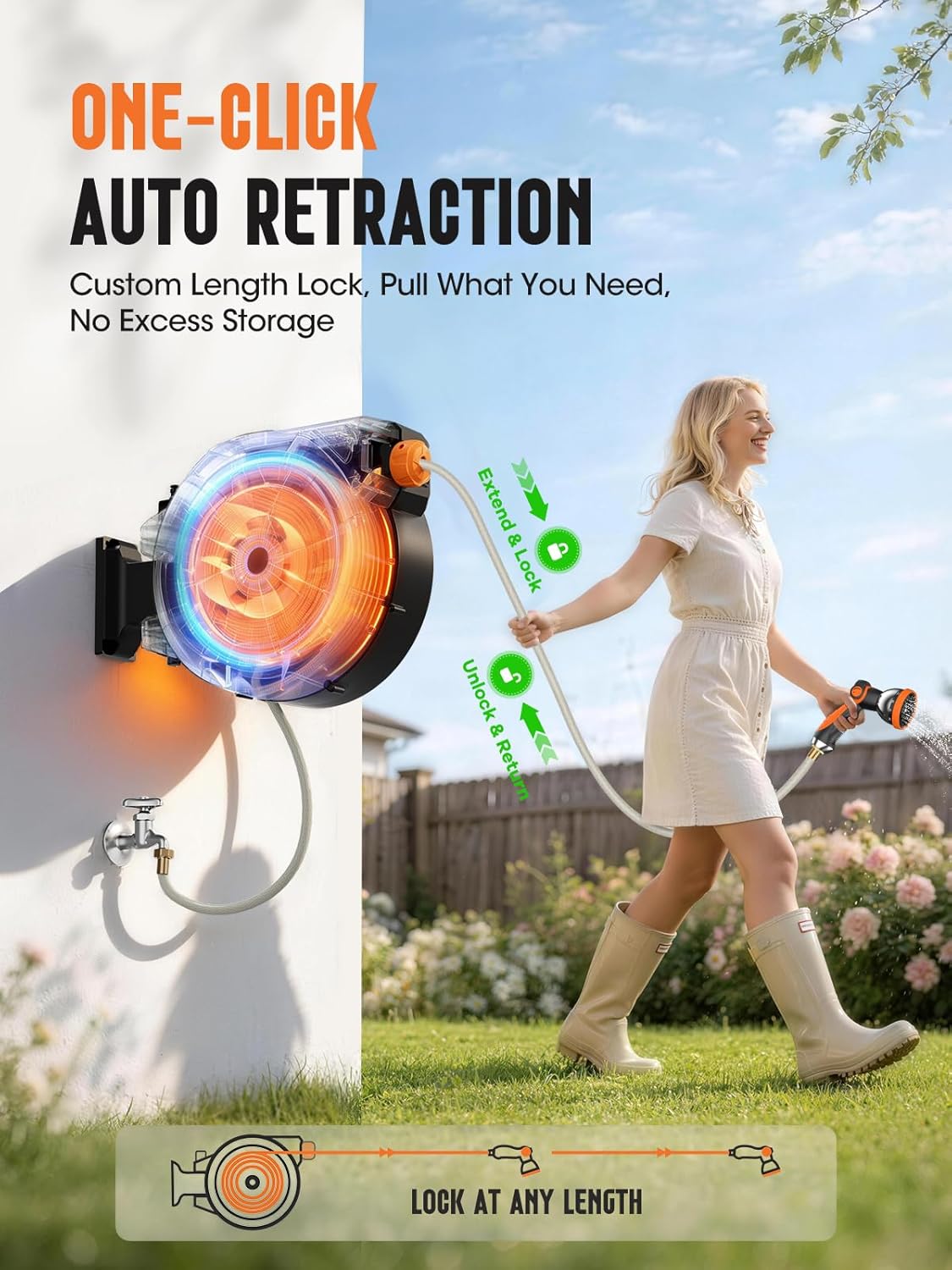 Retractable Garden Hose Reel 1/2" 100ft, 2-in-1 Wall Mount & Portable Auto Rewind Water Hose Reel with Any Length Lock & 180° Swivel, Heavy Duty Outdoor Hose Storage for Garden, Patio and Car Washing