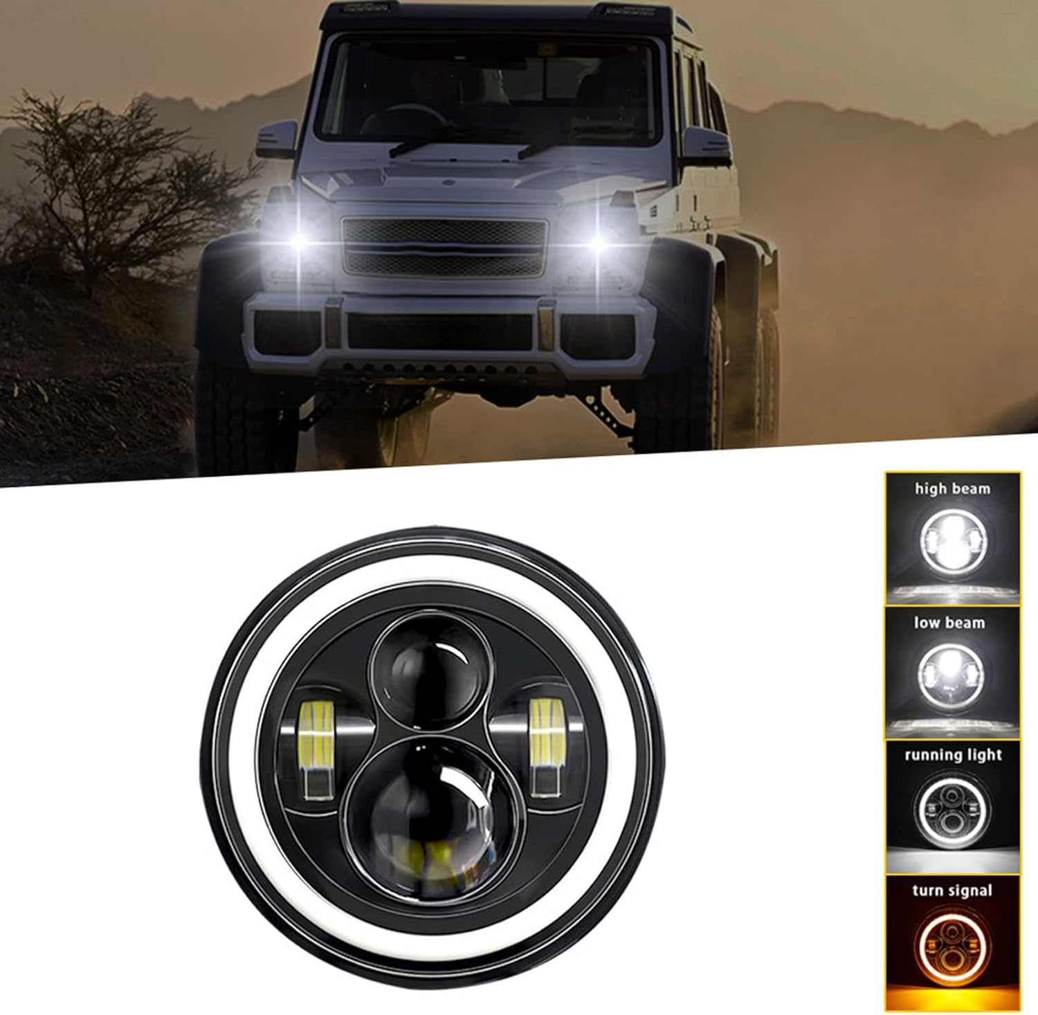Shkalacar 7inch LED Headlight H4 140W Angel Eyes Round 4 Modes 14000LM 6000K White/3000K Amber Car Motorcycle Auto Ring Lights IP67 Waterproof