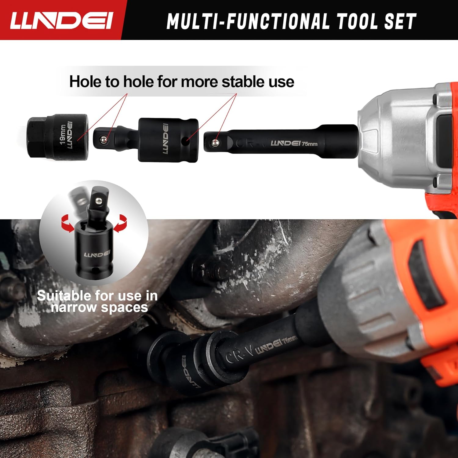 LLNDEI 30PCS 1/4-3/4 SAE/Metric, 3/8 Drive Low Profile Impact Hex Driver Set, 6-19mm, with E-torx Bit Socket Set E8-E20, Square Bit Socket, U-Joint Extension Bar, Cr-Mo, Storage Case