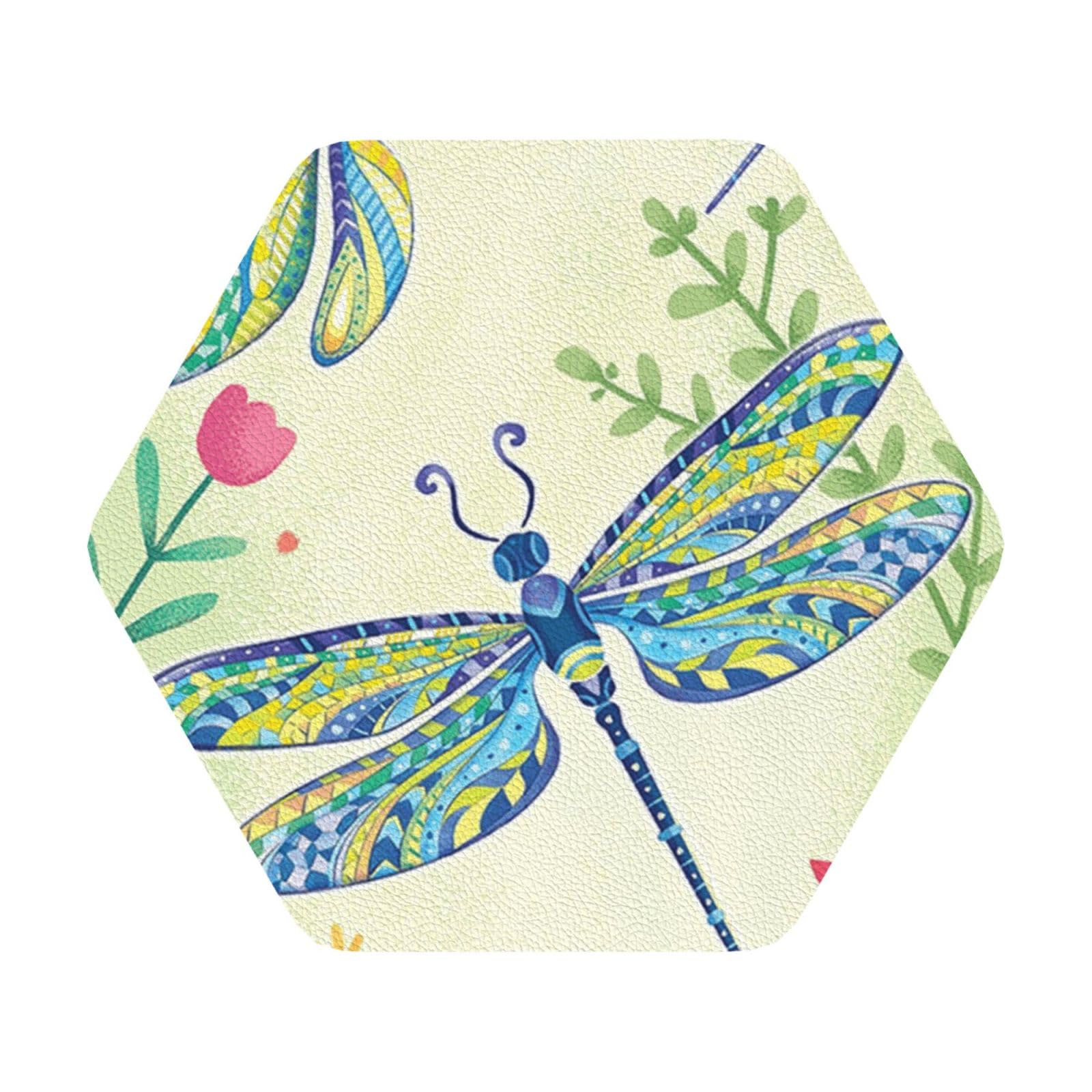 Dragonflies and Flowers PU Leather Coasters Set of 6 Hexagon Drink Coasters