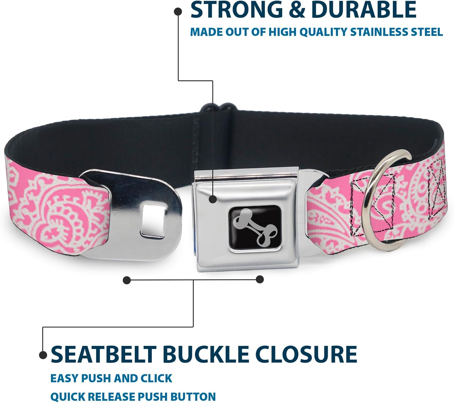 Dog Collar Seatbelt Buckle Bandana Skulls Pink White 9 to 15 Inches 1.0 Inch Wide, DC-W32820-S