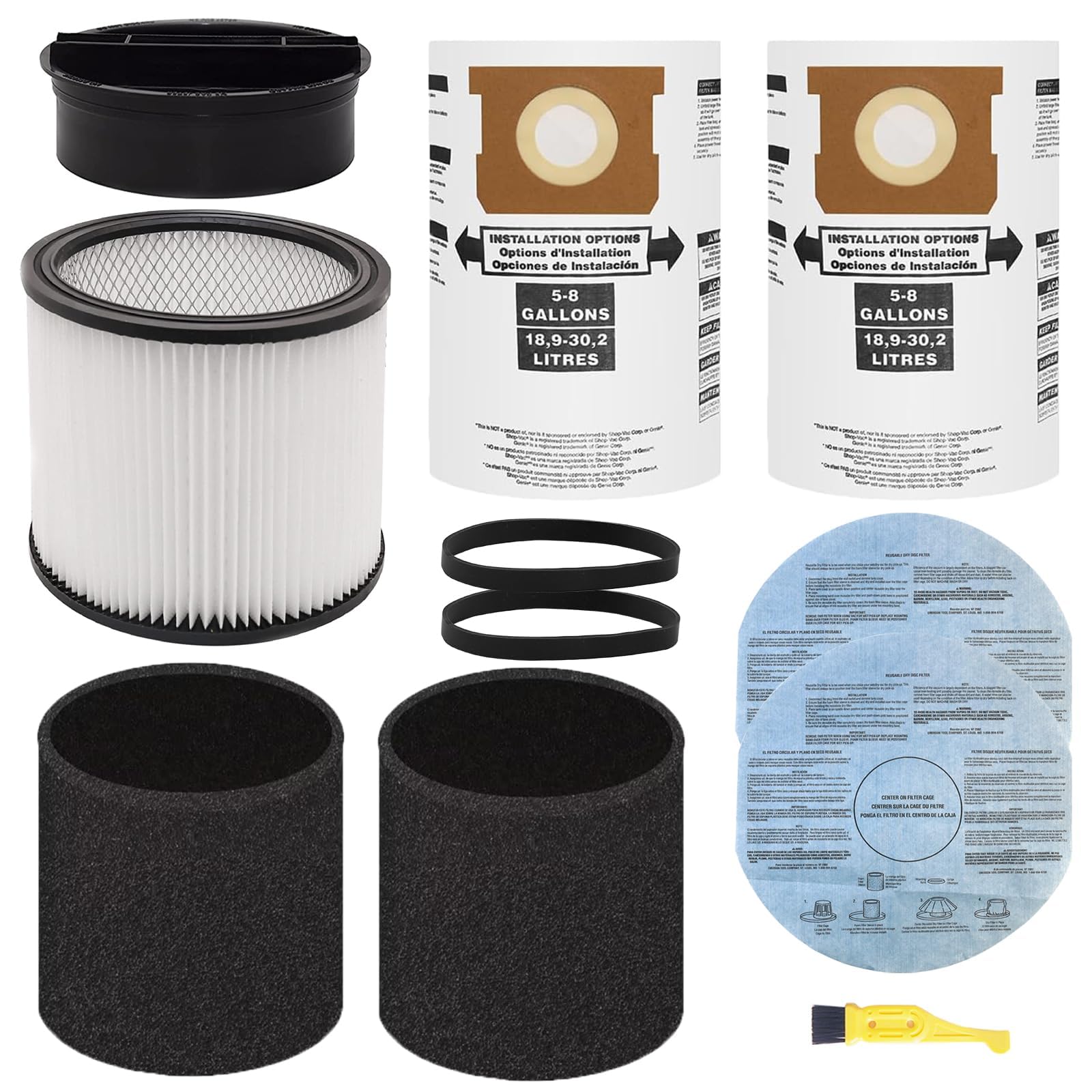 Filtro de repuesto para filtros Shop Vac 90304 90585, 90107, 90350, 90333, filtro de aspiradora en seco y húmedo, se adapta a la mayoría de aspiradoras húmedas/secas de 5 galones en adelante, bolsa de