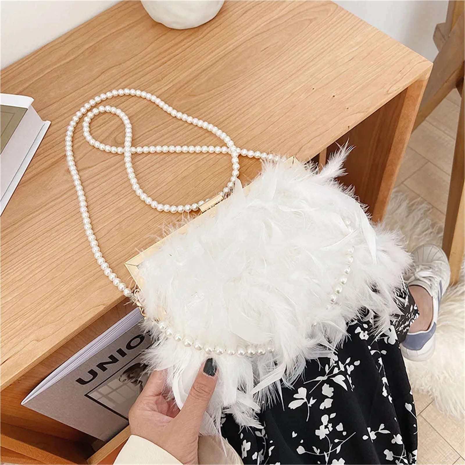 Bolso fiesta Bolso de hombro con cadena y plumas, elegante bolso mano for mujer, for fiesta noche, asa