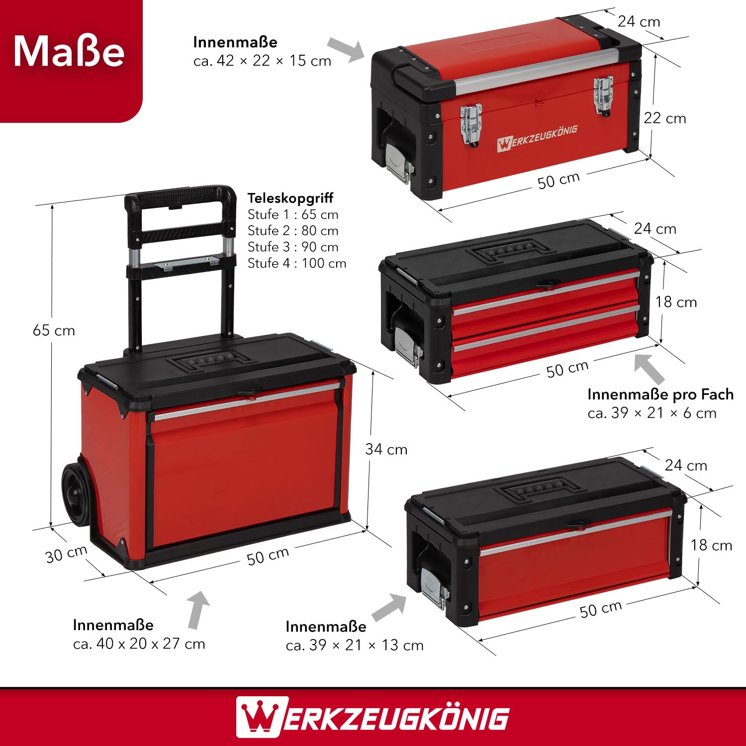 Werkzeugtrolley 4 Teile Stahlblech Rot pulverbeschichtet - 1 Werkzeugkoffer, 2 schmale Schubladen, 1 hohe Schublade, 1 großes Klappfach - gratis Kleinteilekoffer
