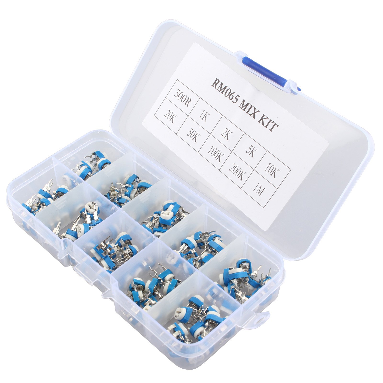 RM065, kit di 100 pezzi assortiti di trimmer di 6 mm di 10 valori. Kit di potenziometri con resistori variabili e valigetta di plastica