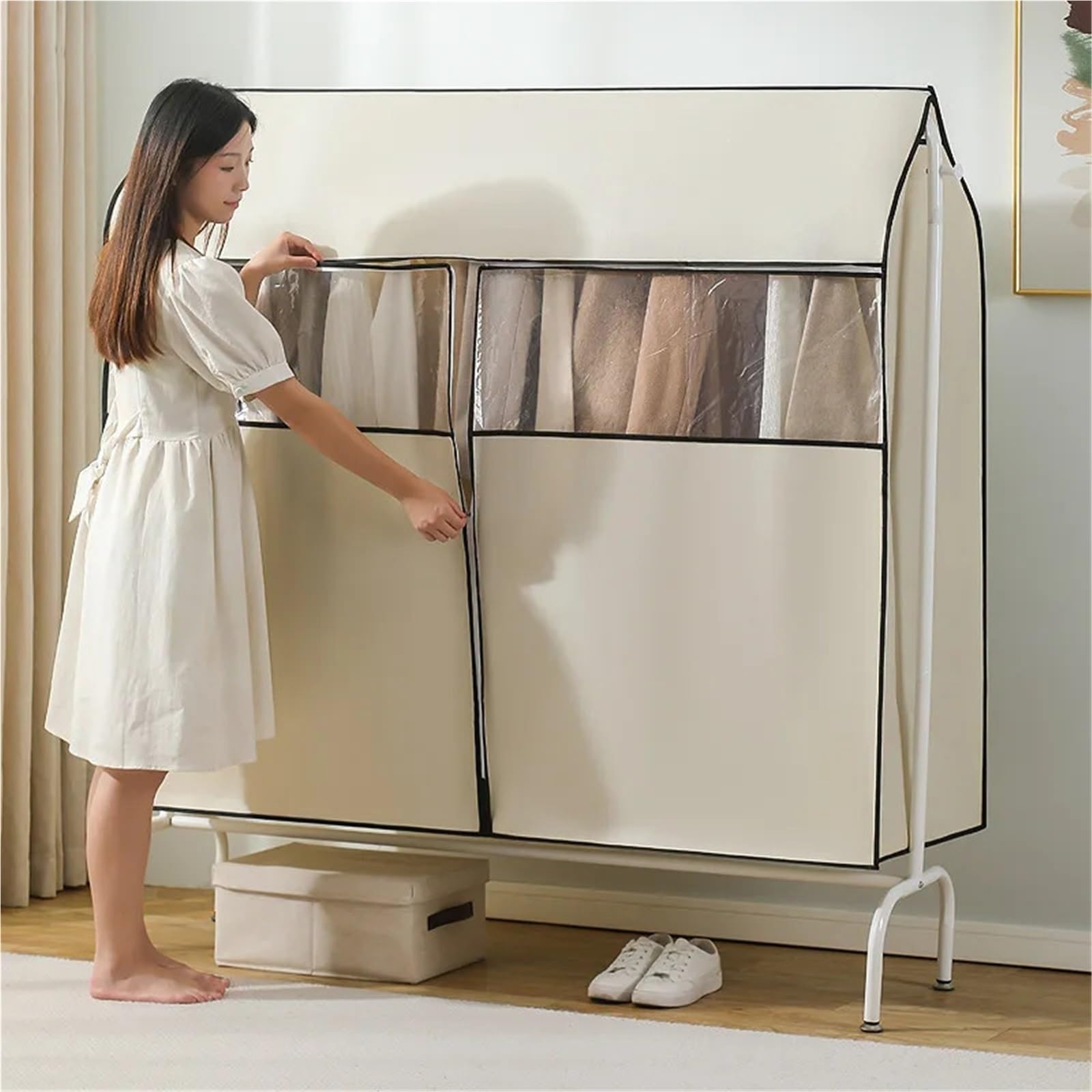 Schutzhülle für Kleiderständer Kleiderständer-Abdeckung aus Vliesstoff, staubdicht, for Kleiderständer, Taschen, Reißverschluss/Kleiderschutz, Kleiderschrank(Beige,3XL(120x50x120CM))