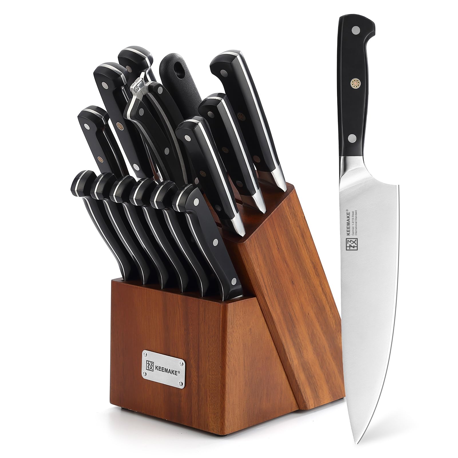 KEEMAKE Knife Block Set, 15Pcs High Carbon Stainless Steel Kitchen Knife Set with Block, Ultra Sharp Knives Set for Kitchen with Knife Sharpener Kitchen Scissors, Forged Chef Knife Set