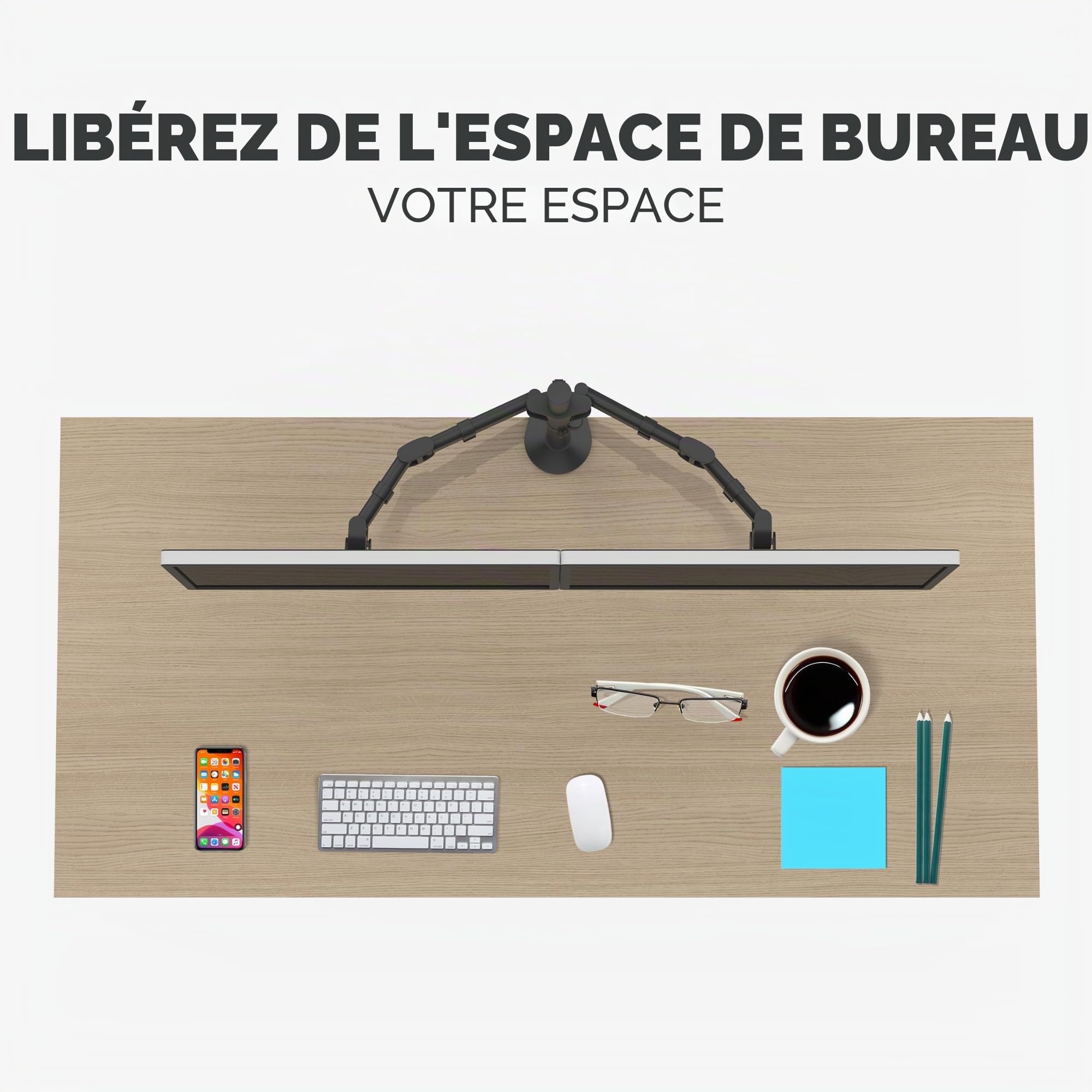 Fellowes Bras Porte Écran Reflex Double pour 2 Écrans Jusqu'à 27" Hauteur Et Profondeur Ajustables Norme VESA