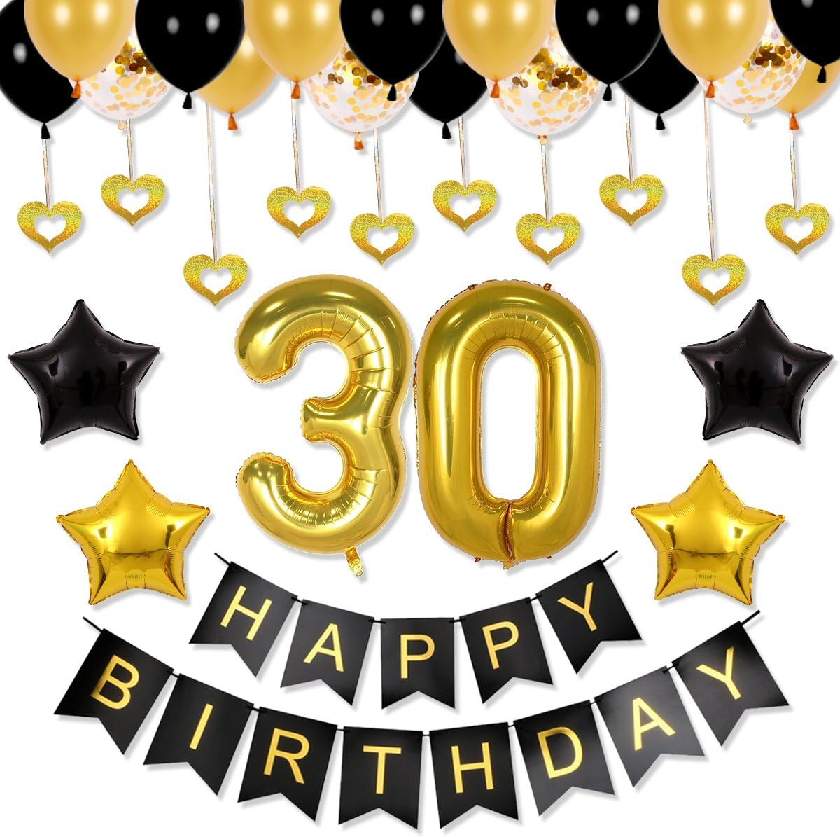 30th Birthday Decorations Party Supplies - Balloons Backdrop, Happy Birthday Banner, 30th Black and Gold, Happy Birthday Balloons, Number Balloons, Photo Booth Backdrop