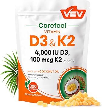 VEV Vitamin D3 K2 4,000 IU, 100 mcg MK-7, 300 Softgels with Coconut Oil, Easy to Swallow K2 D3 Vitamin Supplement, Daily Nutrient Support