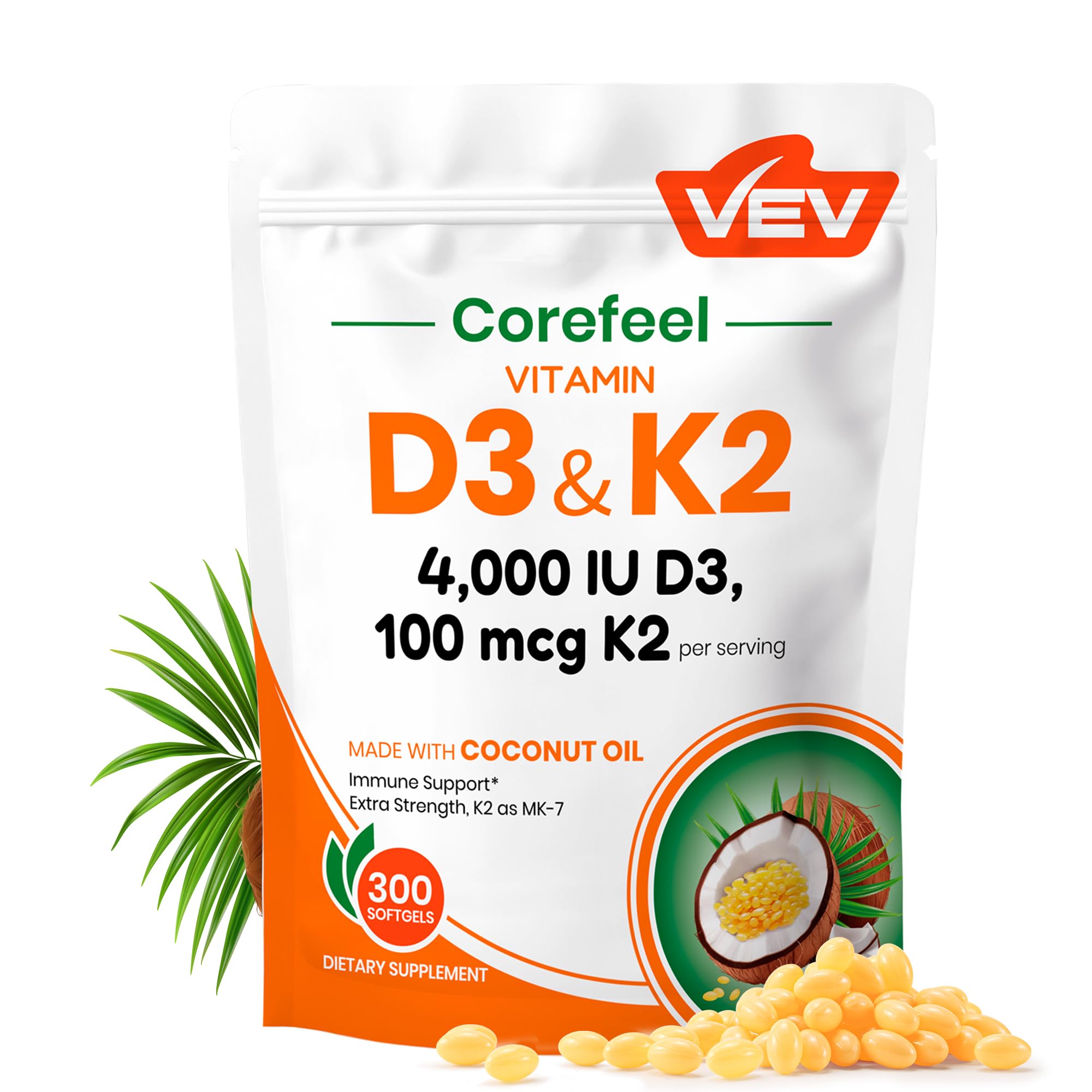 VEV Vitamin D3 K2 4,000 IU, 100 mcg MK-7, 300 Softgels with Coconut Oil, Easy to Swallow K2 D3 Vitamin Supplement, Daily Nutrient Support