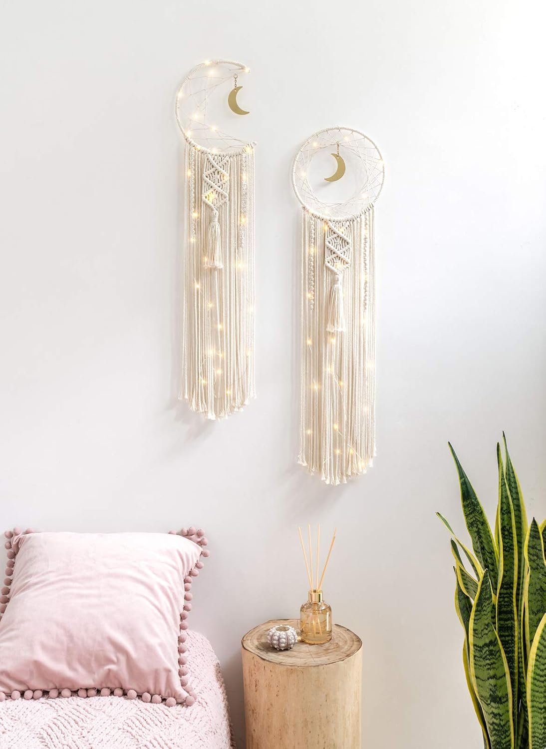Mkono 2 Pack Macrame Dream Catcher with String Lights Boho Wall Hanging Decor Handmade Circle Moon Dreamcatcher Girls Room Decor for Bedroom Living Room Nursery Dorm, 8''W x 32''L