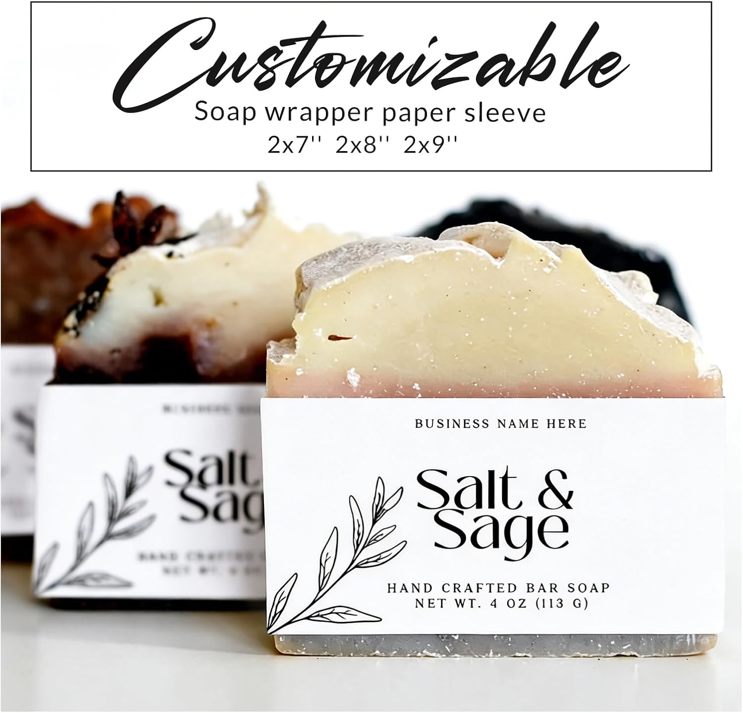 Custom Soap Sleeves, 250gsm Glossy Soap Wrapper Paper,Personalized with Your Logo/Text/Image/Design, Self-Sealing with Free Double-Sided Tape,3 Sizes Available, 50-200 Pcs (Style 2-Monochrome Floral)