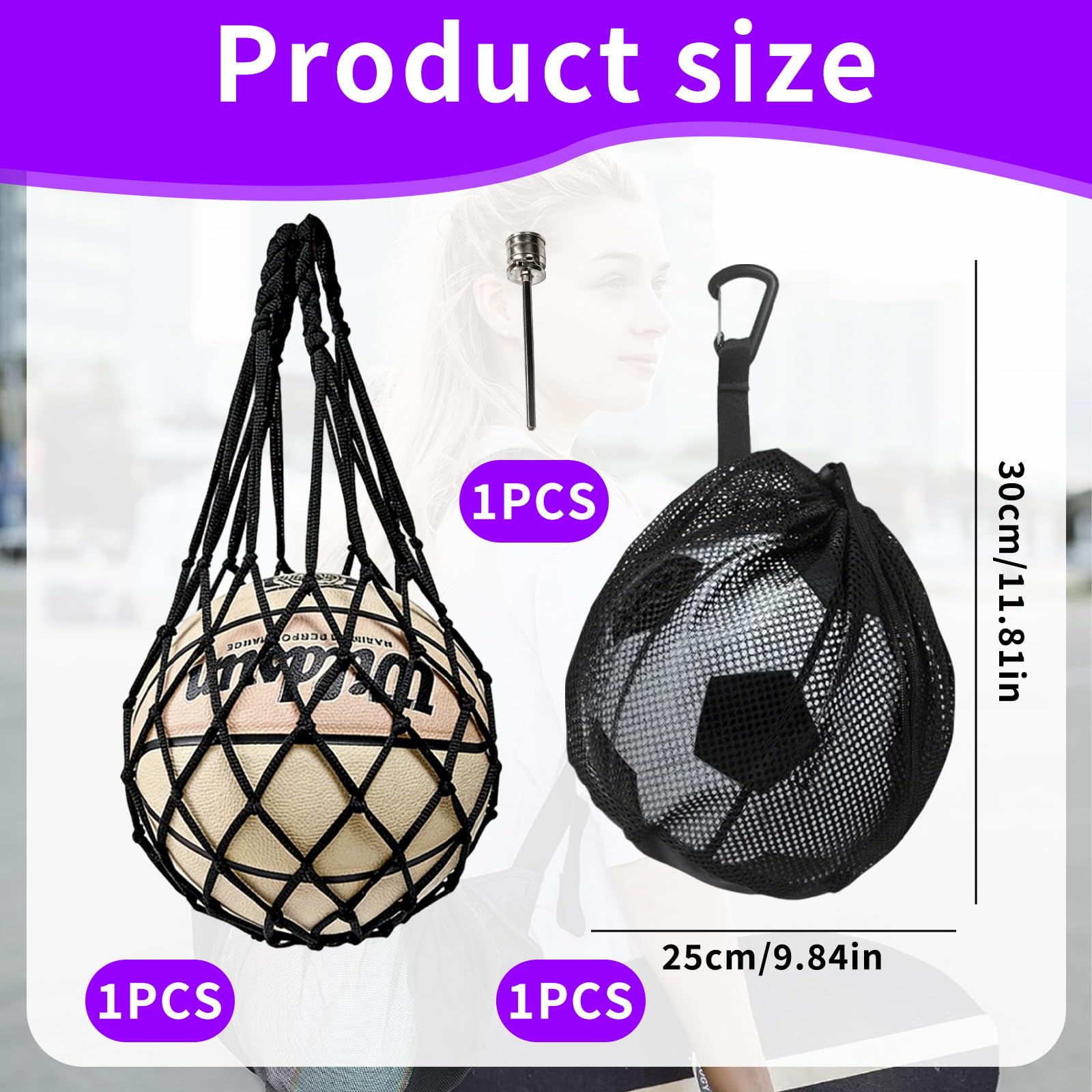 Bolsas de Red para Balones con Cordón y Gancho, Mochilas Portátiles para Baloncesto, Fútbol, Voleibol y Rugby, con Aguja de Inflado