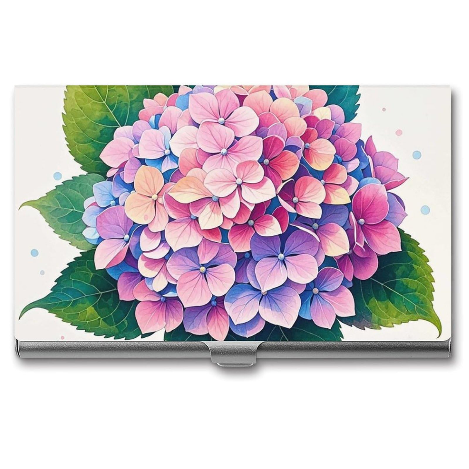 DWVTSLH Watercolor Hydrangea Business Card Holder, Slim Portable Metal Business Card Case Pocket Wallet Professional Name Cards Holder for 22-30 Cards, Credit Card ID Case/Holder for Men Women